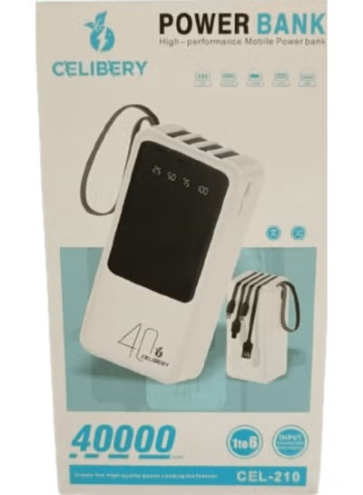 باور بانك محمول بسعة 40000 مللي أمبير/ساعة مع كابلات متعددة - أبيض  CEL-210  40000mAh Portable Power Bank with Multiple Cables - White