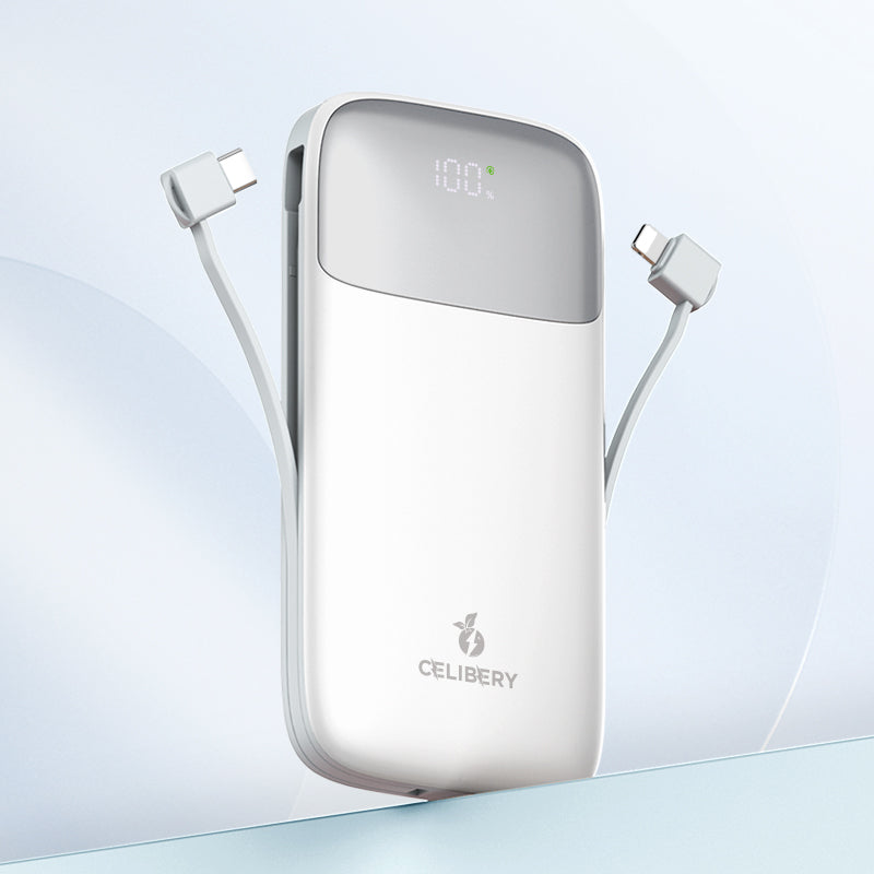 cel-104 بنك طاقة 10000 مللي أمبير  USB-C وLightning مدمجة لأجهزة ، أبيض 10000 mAh  Power Bank, 22.5W Max Fast Portable Charger with Built-In USB-C and Lightning Cables iPhone 15/14 Series, MacBook, Galaxy and More, White