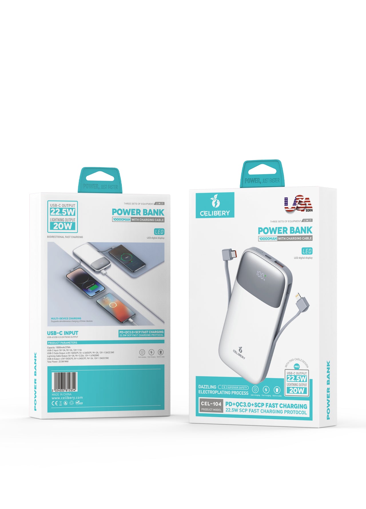 cel-104 بنك طاقة 10000 مللي أمبير  USB-C وLightning مدمجة لأجهزة ، أبيض 10000 mAh  Power Bank, 22.5W Max Fast Portable Charger with Built-In USB-C and Lightning Cables iPhone 15/14 Series, MacBook, Galaxy and More, White