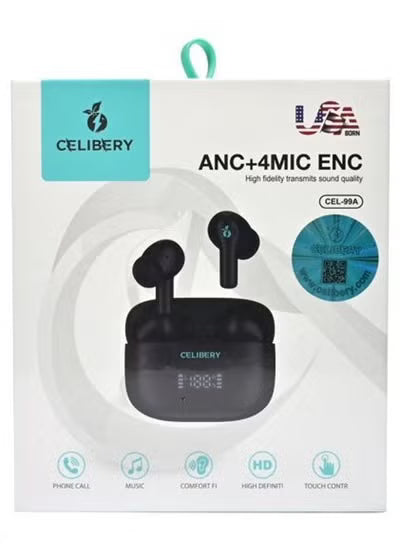 CEL-99A Bluetooth Headphones, 10mm Drivers with True Wireless Earbuds, Big Bass, 25 Hours Playtime, IPX5, 2 Microphones for AI Clear Calls, Black