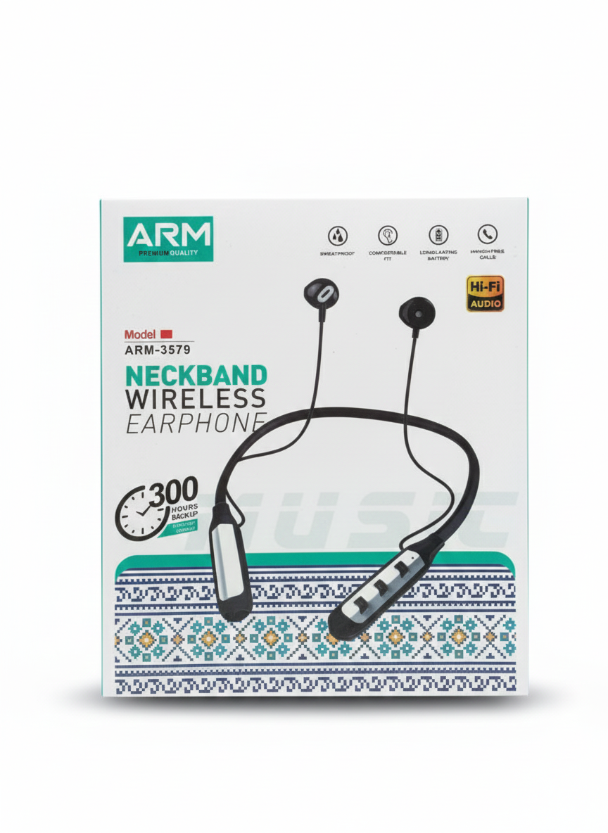 سماعات أذن لاسلكية حول الرقبة - مقاومة للتعرق بجودة صوت هاي فاي (Hi-Fi) ومصممة ببطارية تدوم طويلاً Wireless Neckband Earphone - Sweatproof with Hi-Fi Audio, Comfortable Fit, Long Lasting Battery, and Up to 300 Hours Standby.