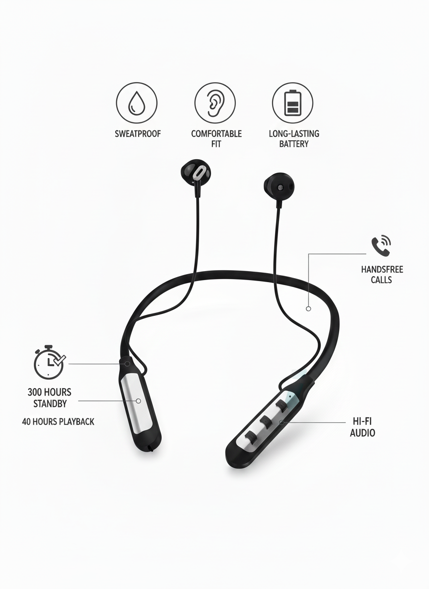 سماعات أذن لاسلكية حول الرقبة - مقاومة للتعرق بجودة صوت هاي فاي (Hi-Fi) ومصممة ببطارية تدوم طويلاً Wireless Neckband Earphone - Sweatproof with Hi-Fi Audio, Comfortable Fit, Long Lasting Battery, and Up to 300 Hours Standby.