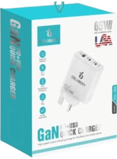CEL-065 Charger Adapter (65W Adapter) Dual Port Type-C and USB Charger Adapter White