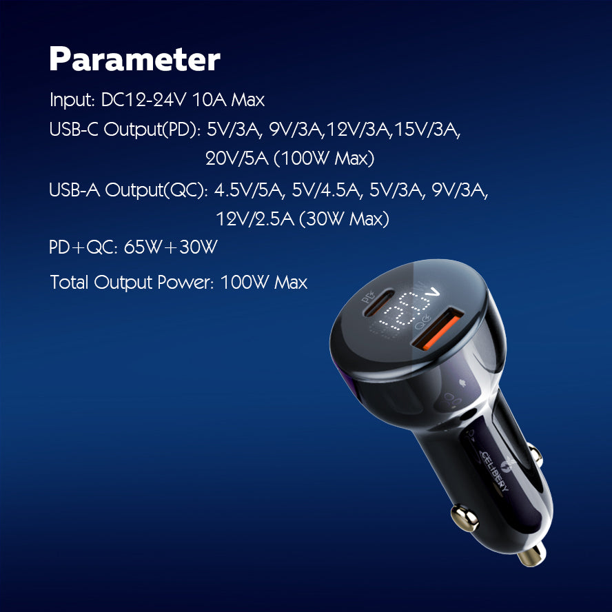 شاحن سيارة فائق السرعة 100 وات، شحن سريع، محول طاقة سيارة بمنفذي USB مع كابل USB C 100 وات، قابس شاحن سريع للسيارة cel-107 100W Super Fast Car Charger, Fast Charging, Dual USB Port Car Power Adapter with 100W USB C Cable