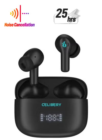 CEL-99A Bluetooth Headphones, 10mm Drivers with True Wireless Earbuds, Big Bass, 25 Hours Playtime, IPX5, 2 Microphones for AI Clear Calls, Black