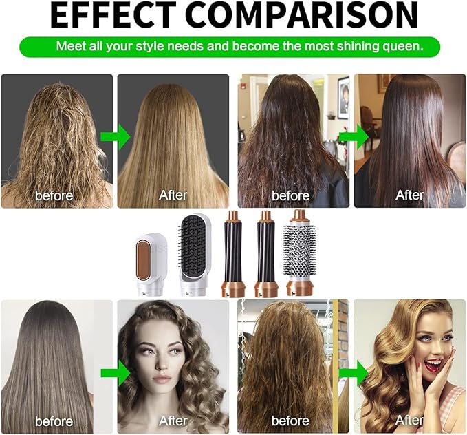 5 in 1 Hair Dryer, Hair Straightener Comb Curling Brush with 5 Interchangeable Barrels