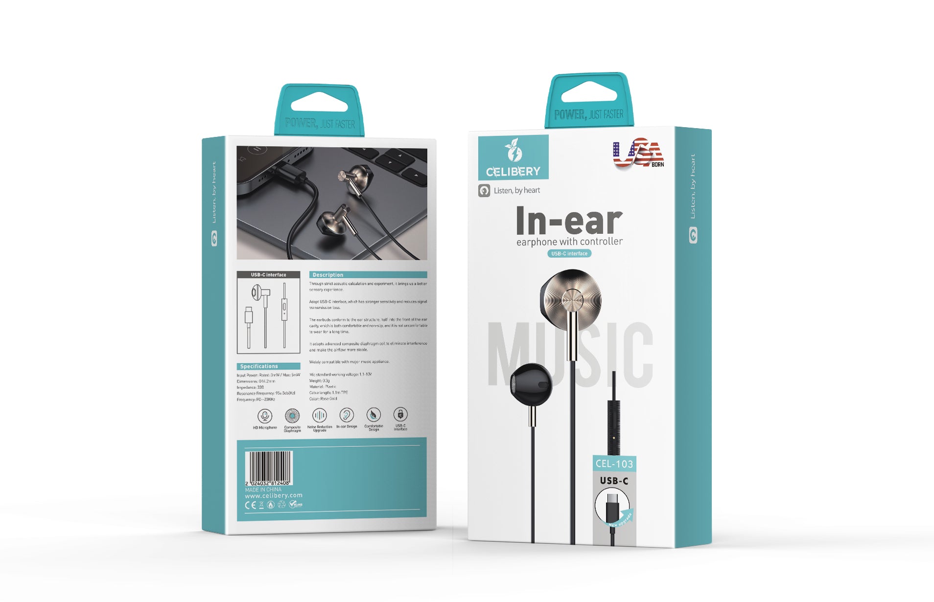 cel-103 سماعة أذن داخلية من النوع C مع ميكروفون، أسود Type-C In-Ear Earphone With Microphone, Black