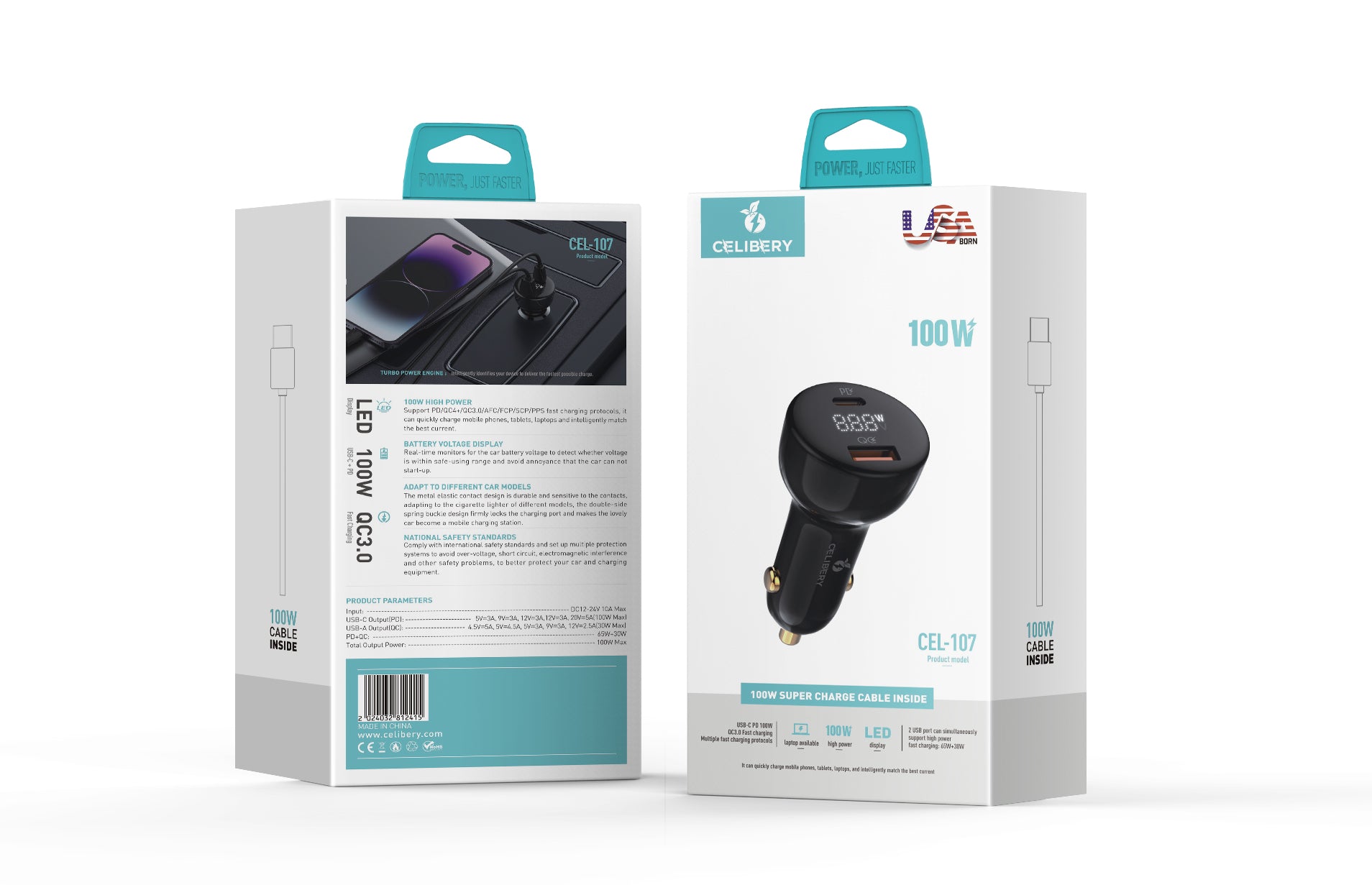 شاحن سيارة فائق السرعة 100 وات، شحن سريع، محول طاقة سيارة بمنفذي USB مع كابل USB C 100 وات، قابس شاحن سريع للسيارة cel-107 100W Super Fast Car Charger, Fast Charging, Dual USB Port Car Power Adapter with 100W USB C Cable