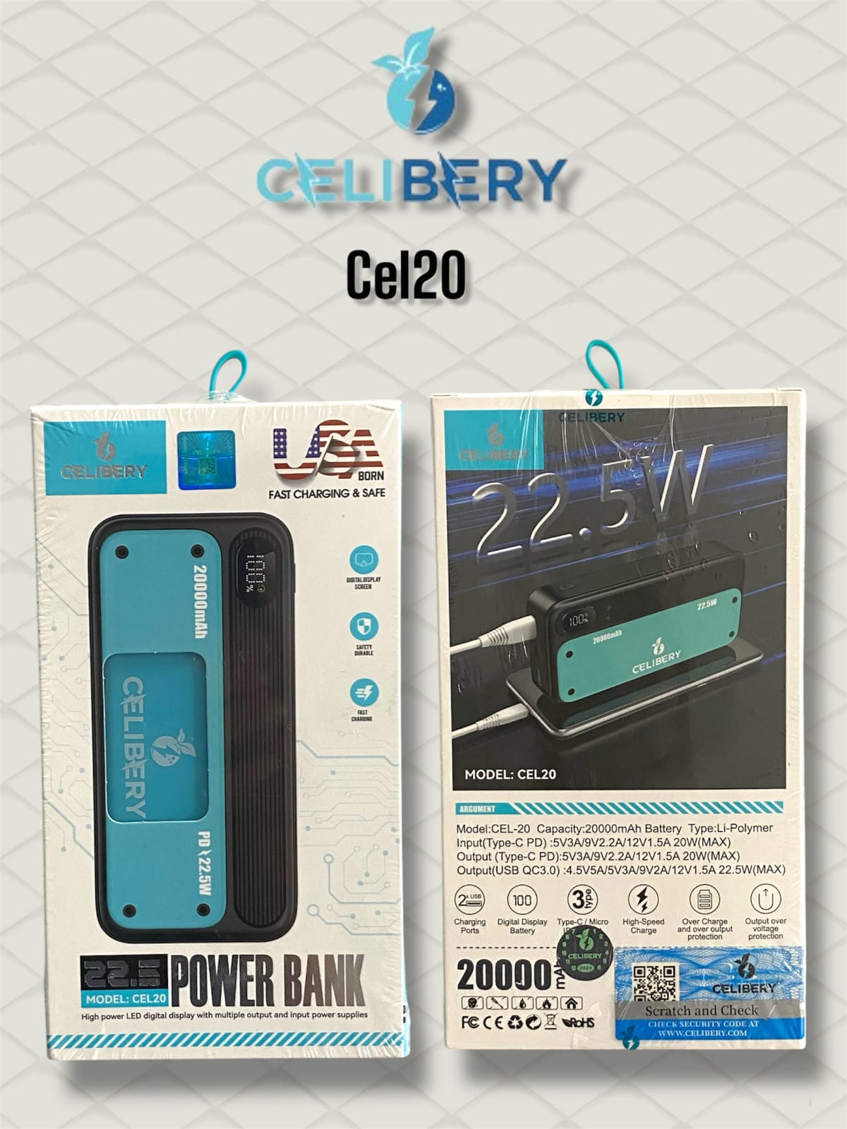 cel 20 باور بانك بقدرة 20000 مللي أمبير في الساعة بقدرة 22.5 وات  cel 20 20000mAh 22.5W Power Bank