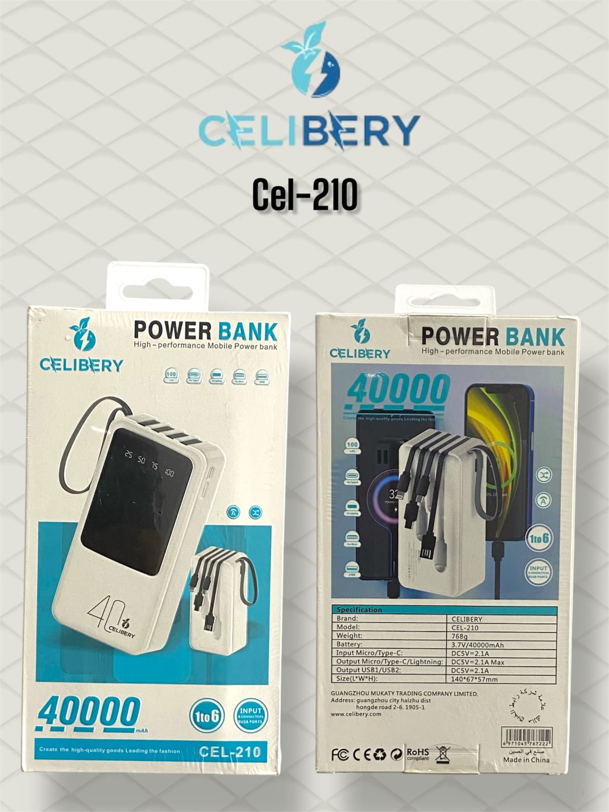 باور بانك محمول بسعة 40000 مللي أمبير/ساعة مع كابلات متعددة - أبيض  CEL-210  40000mAh Portable Power Bank with Multiple Cables - White