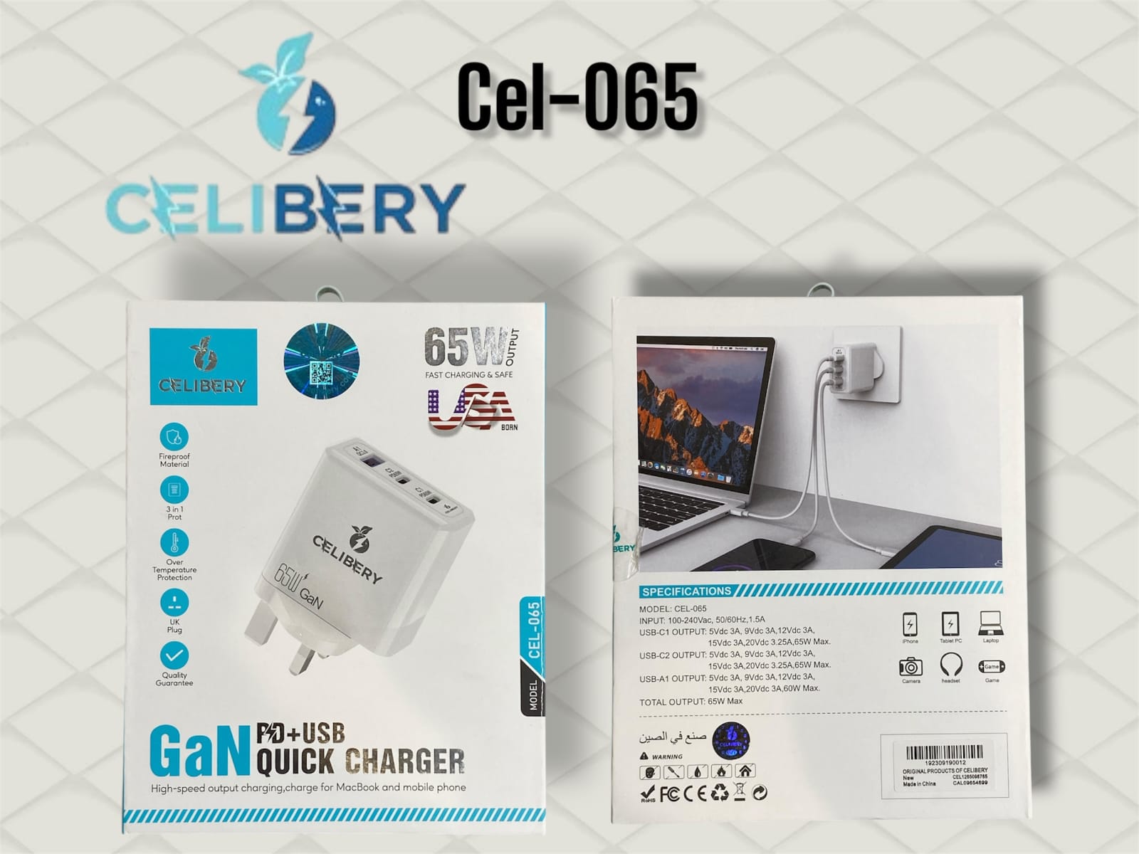 CEL-065 شاحن محول (محول 65 واط) منفذ مزدوج من النوع C ومحول شاحن USB أبيض  CEL-065 Charger Adapter (65W Adapter) Dual Port Type-C and USB Charger Adapter White