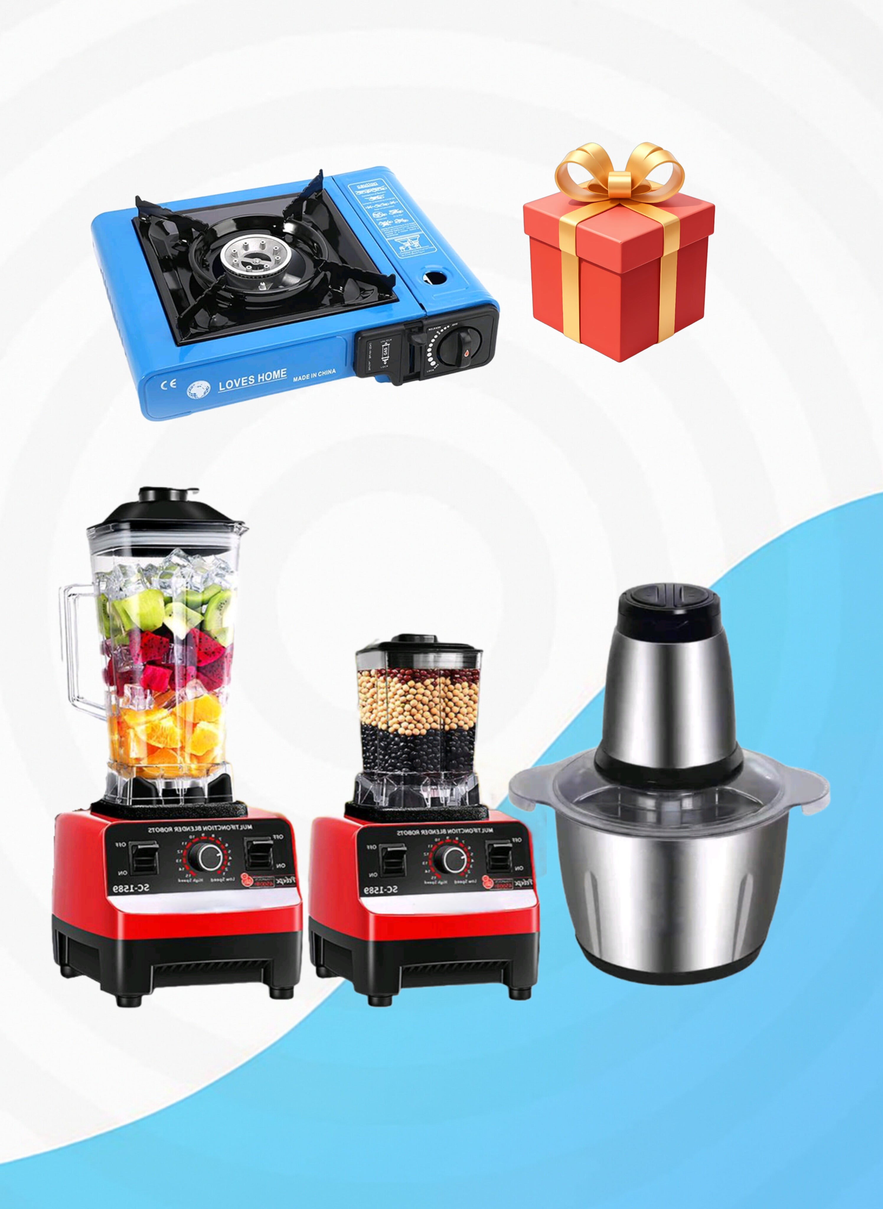 بكج المطبخ المتكامل: خلاط celibery Crest مع فرامة ، مفرمة طعام، بوتوجاز، وهدية مفاجئة Complete Kitchen Package: Crest Blender with Grinder, Food Chopper, Portable Stove, and a Surprise Gift
