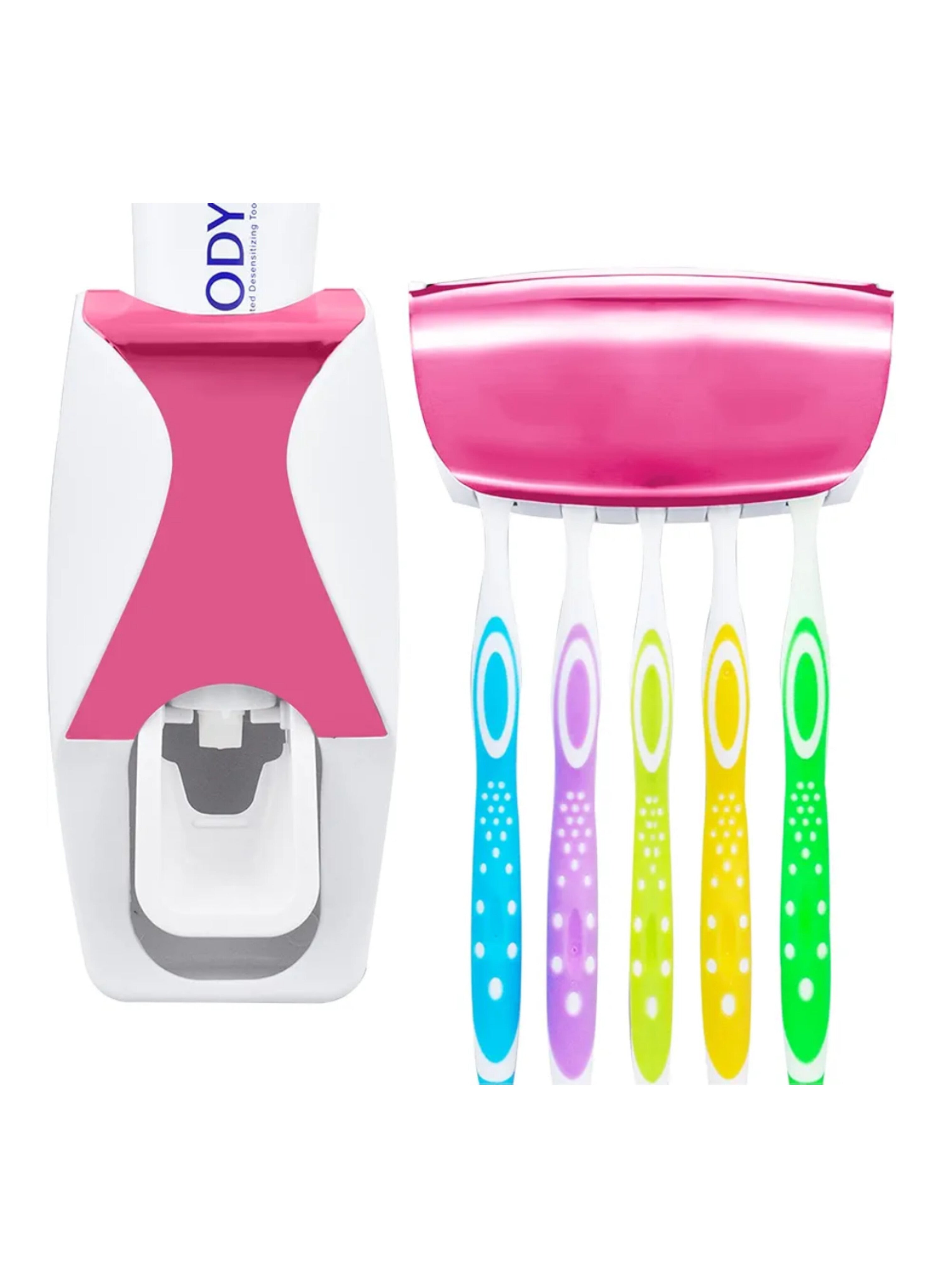 مجموعة موزع معجون أسنان أوتوماتيكي وحامل فرش أسنان جداري - منظم حمام وردي وأبيض يركب بدون ثقب ويتسع لخمسة فراشٍ Automatic Toothpaste Dispenser and Wall-Mounted Toothbrush Holder Set - Pink and White No-Drill Bathroom Organizer for Five Brushes