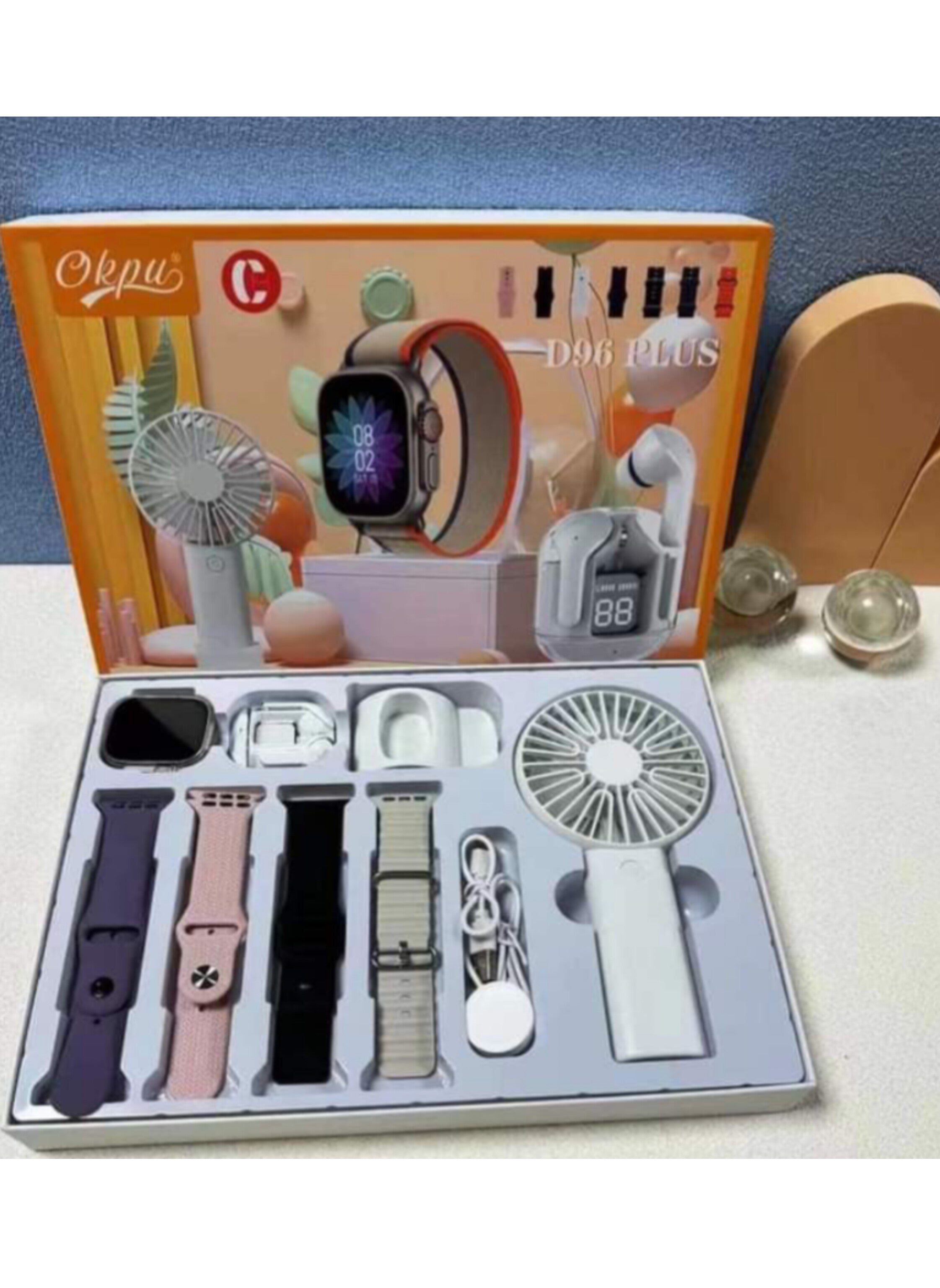 Smartwatch, Earbuds, and Portable Fan Bundle بكج ساعة ذكية مع سماعة ومروحة محمولة