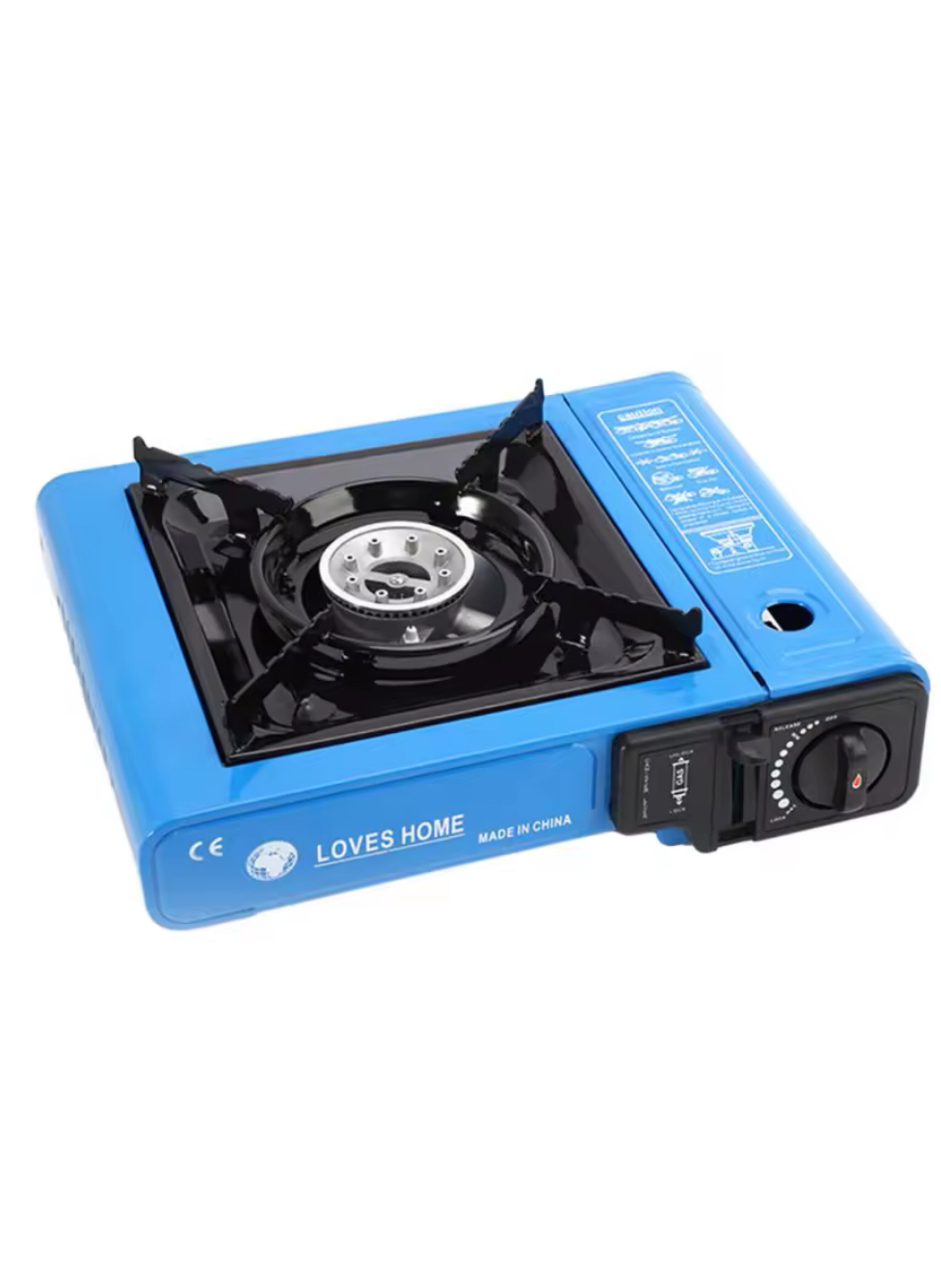 موقد غاز محمول أزرق للرحلات والتخييم - موقد نزهات يعمل بعبوات البيوتان مع إشعال ذاتي وحقيبة حمل Blue Portable Gas Stove for Camping and Travel - Butane Canister Burner with Automatic Piezo Ignition and Carry Case