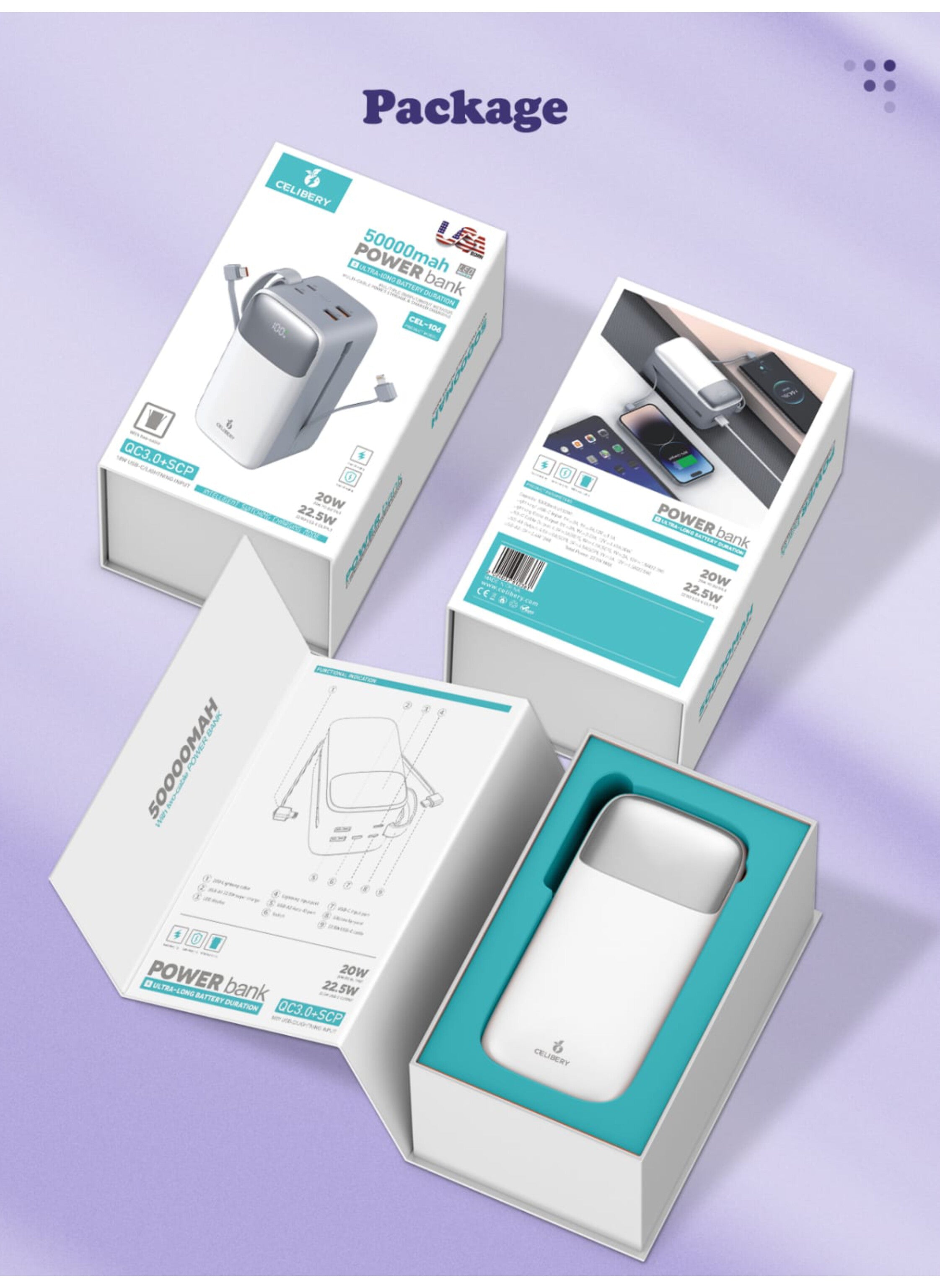 باور بانك 50,000 مللي أمبير/ساعة مع تقنية PD بقوة 22.5 وات و4 منافذ USB وشاشة عرض، أبيض