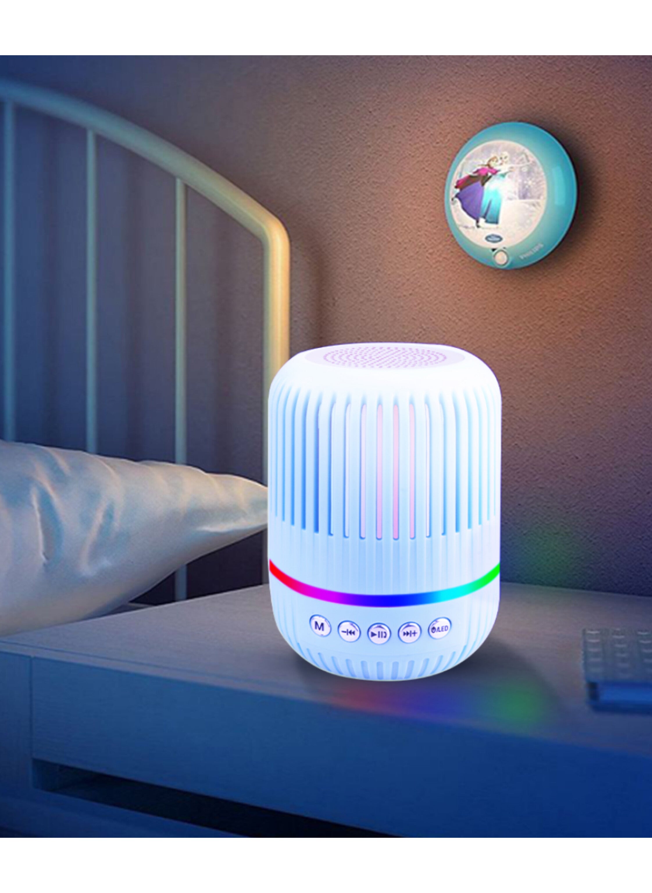 M4 Mini Bluetooth Speaker – Portable Wireless Speaker with RGB Lights, Deep Bass Woofer, USB/AUX Support, Compact Design for Home & Office white مكبر صوت بلوتوث M4 ميني محمول – إضاءة RGB، صوت جهير عميق، تشغيل USB وAUX، تصميم أنيق للمكتب أو المنزل لون ابيض