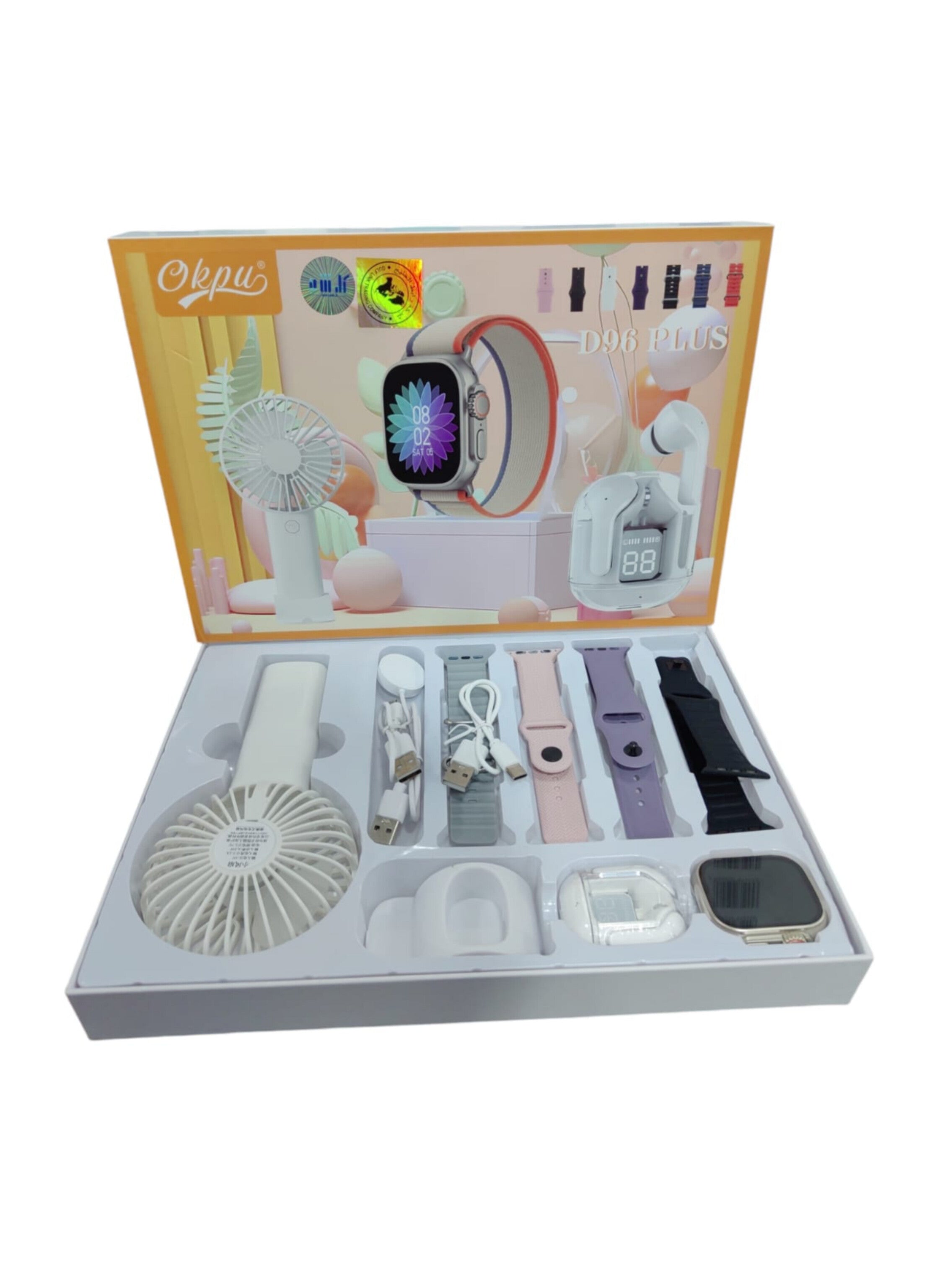Smartwatch, Earbuds, and Portable Fan Bundle بكج ساعة ذكية مع سماعة ومروحة محمولة