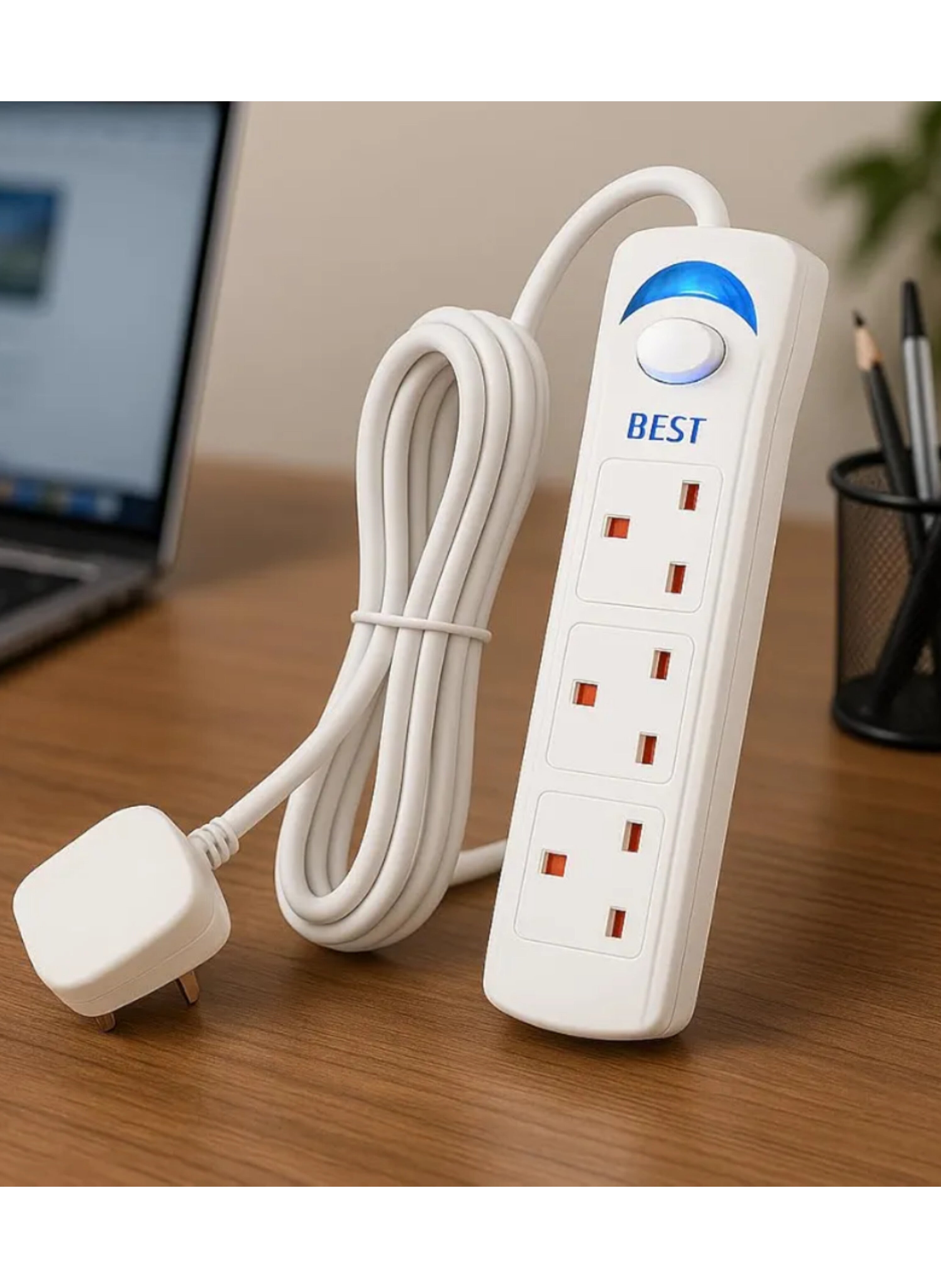 توصيلة كهربائية ثلاثية المقابس بطول 5 متر مع مفتاح تشغيل/إيقاف رئيسي  3-Way Power Extension Socket with 5-Meter Cord, Master ON/OFF Switch,