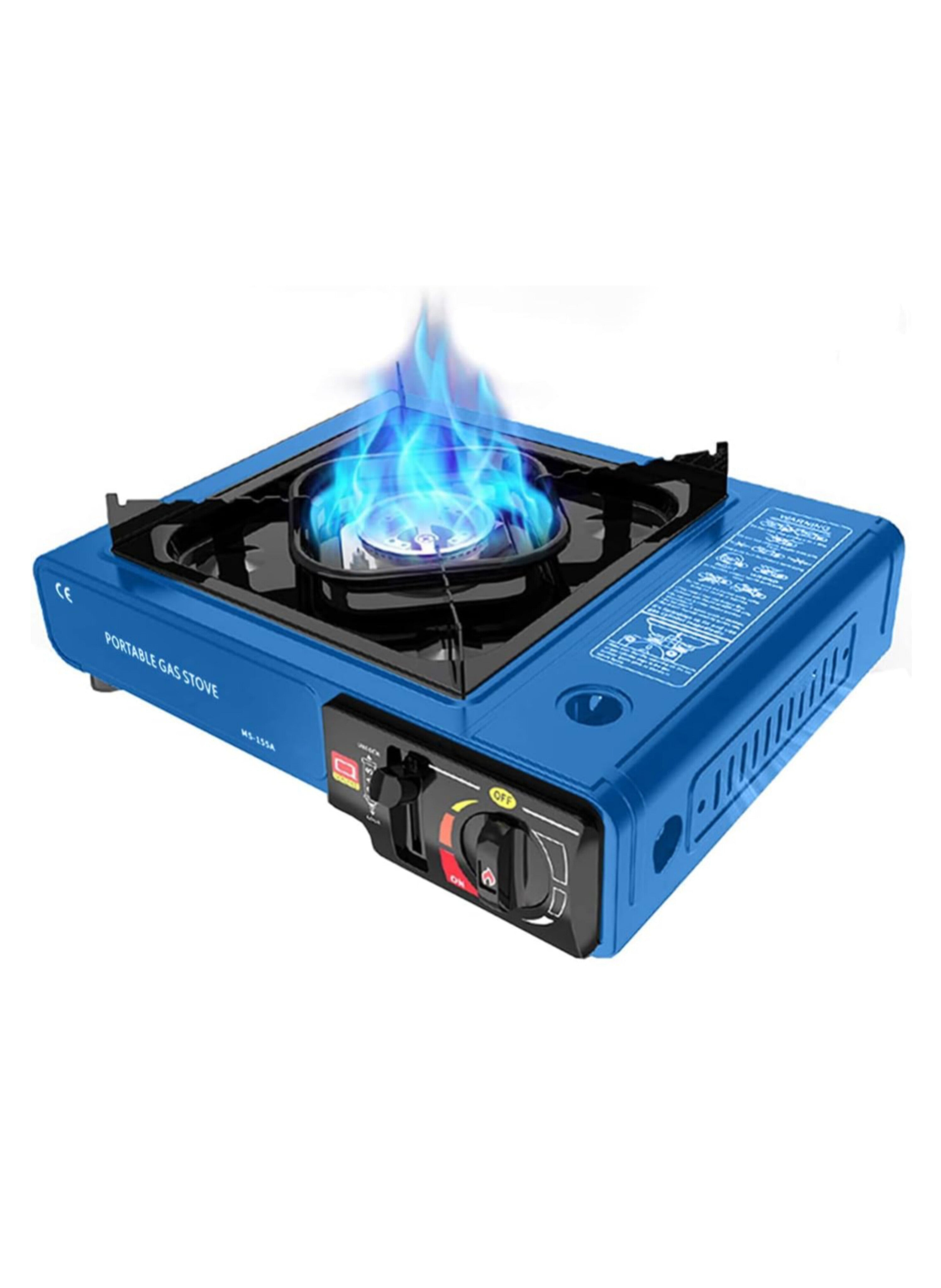 موقد غاز محمول أزرق للرحلات والتخييم - موقد نزهات يعمل بعبوات البيوتان مع إشعال ذاتي وحقيبة حمل Blue Portable Gas Stove for Camping and Travel - Butane Canister Burner with Automatic Piezo Ignition and Carry Case