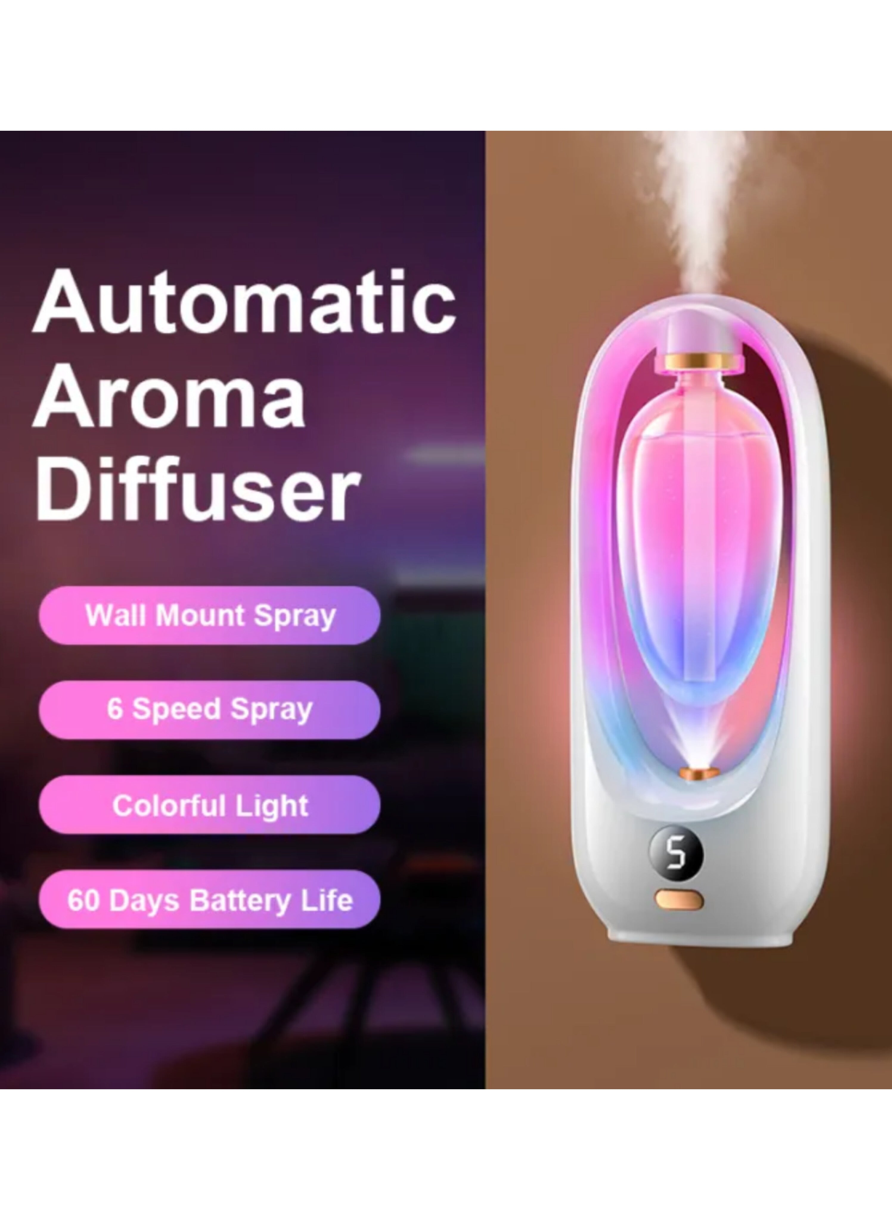 فواحة عطر ذكية للمنزل والمكتب مع إضاءة ليلية متدرجة - جهاز تعطير أوتوماتيكي قابل للتعديل 6 سرعات ومزيل للروائح Smart Perfume Diffuser for Home and Office with Gradient Night Light - 6-Speed Automatic Deodorizing and Fragrance Machine