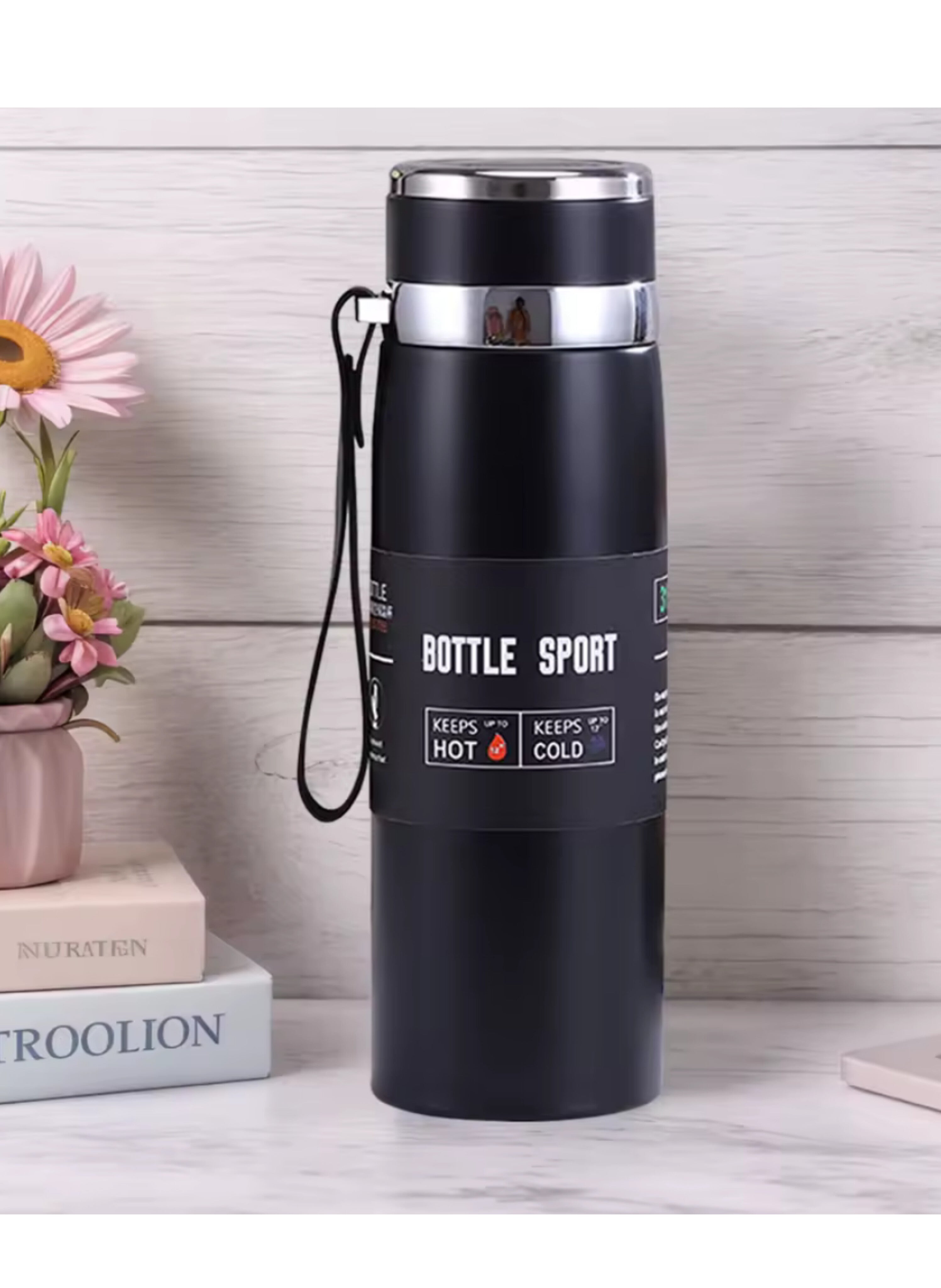 قارورة عازلة (ترمس) من الفولاذ المقاوم للصدأ سعة 1000 مل - اللون الأسود 1000 ml Stainless Steel Insulated Flask (Thermos) - Black Color