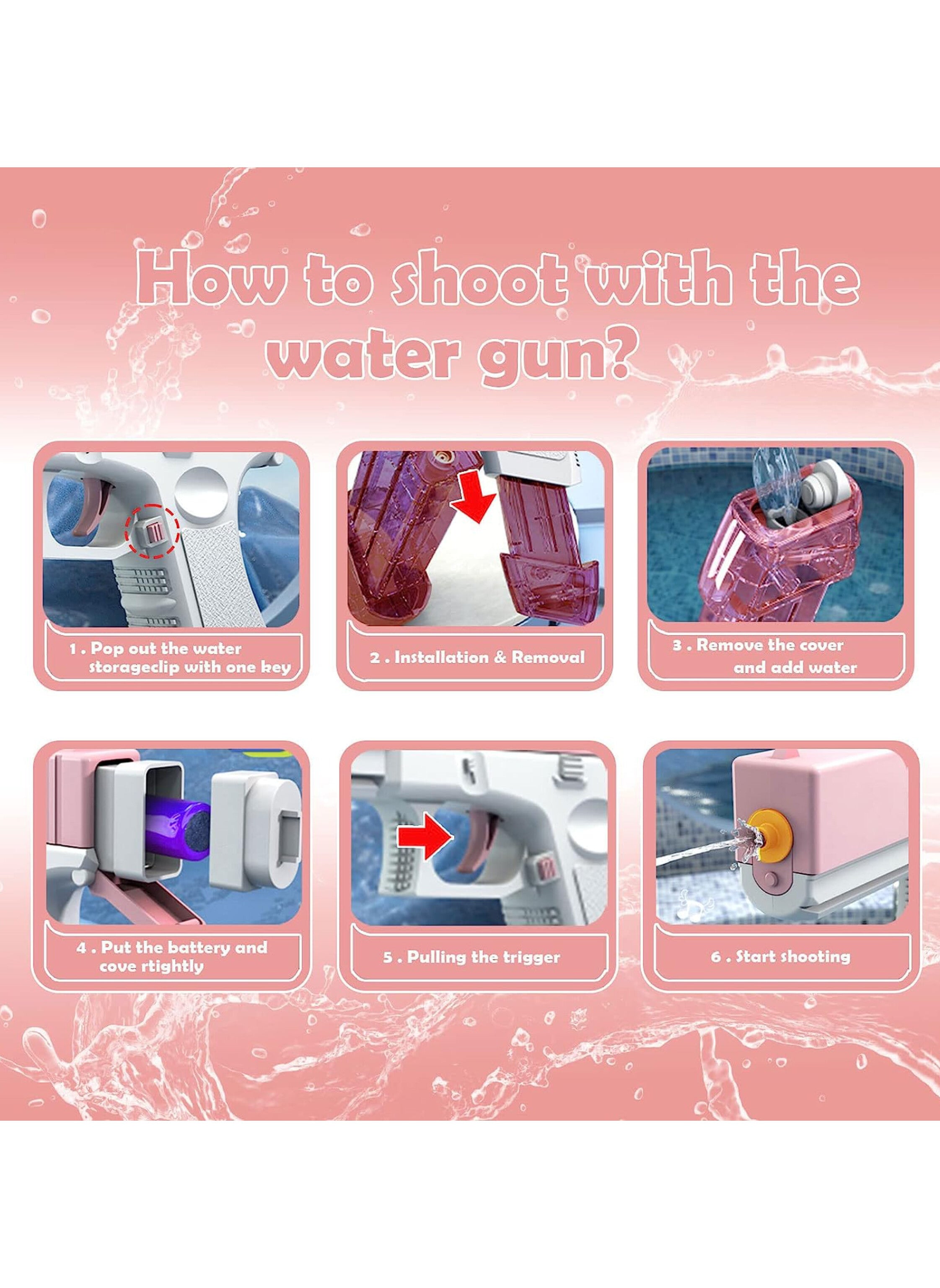 Electric Water Gun with High Capacity for Adults & Kids, Up to 35 FT Range, One-Button Automatic  pink colorمسدس مياه كهربائي عالي السعة للأطفال والكبار مع مدى إطلاق يصل إلى 35 قدم، يدوي التشغيل بلمسة واحدة، لون وردي