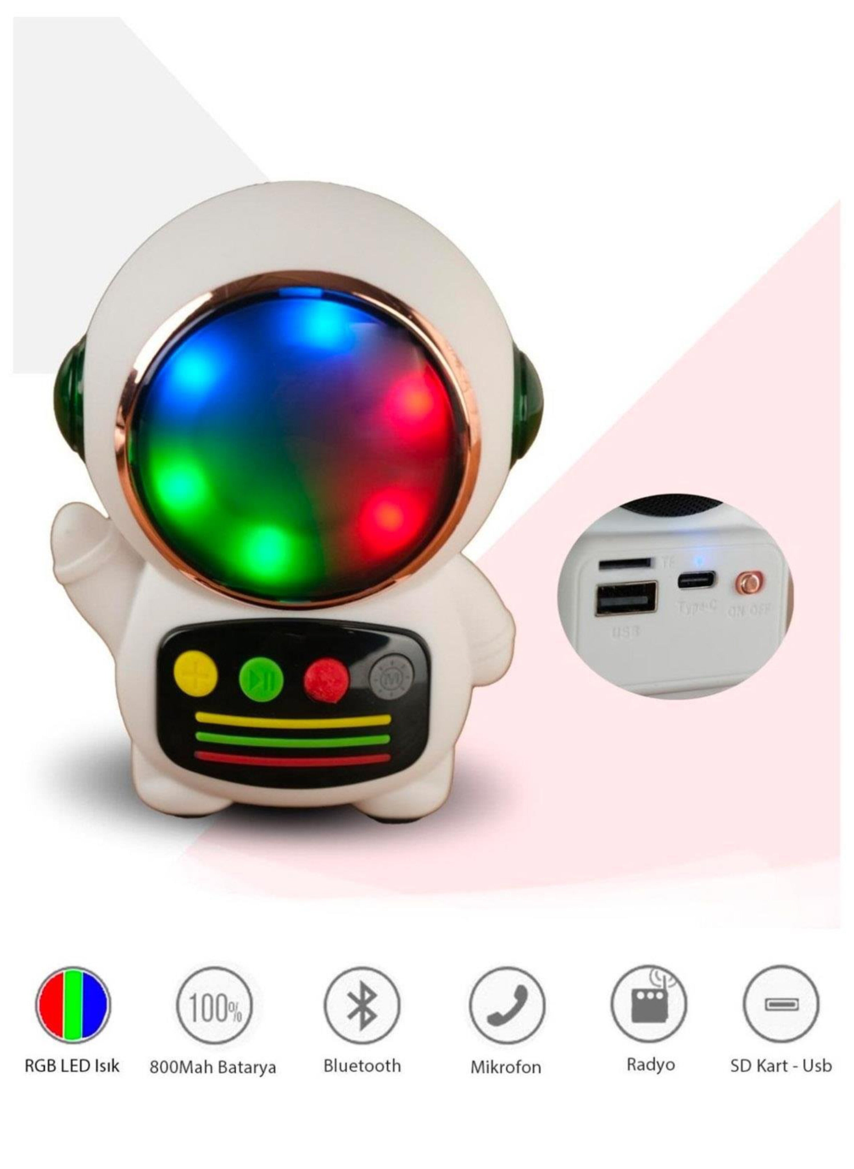 سماعة بلوتوث محمولة بتصميم رائد فضاء LED مع بطارية تدوم 12+ ساعة وميكروفون مدمج وراديو FM Portable Bluetooth Speaker with LED Astronaut Design, 12+ Hour Battery Life, Built-in Microphone, and FM Radio