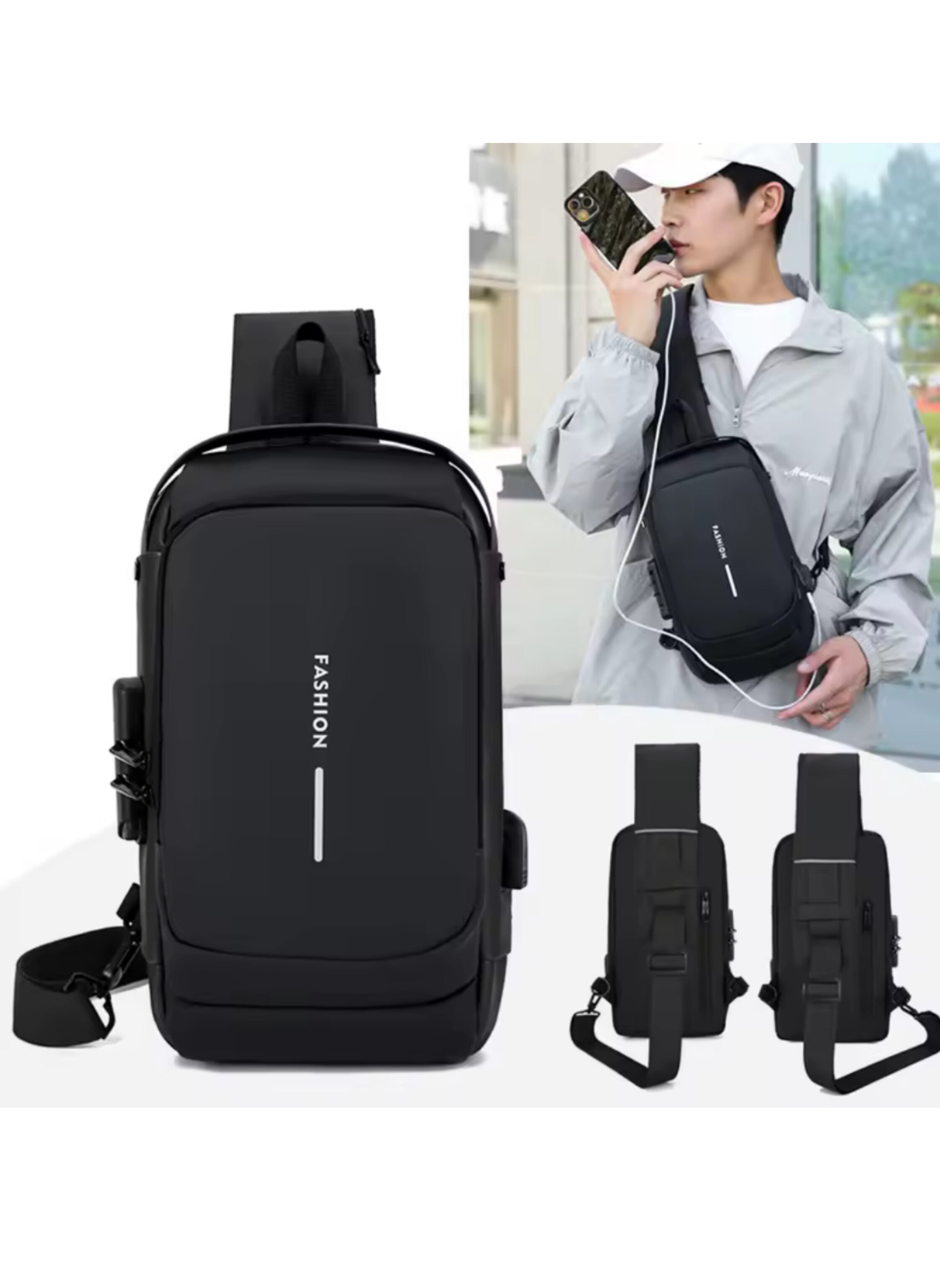 حقيبة مضادة للسرقة، حقائب كروس مقاومة للماء رياضية بشحن USB (اللون: أسود ) Anti-Theft Bag, USB Charging Sports Waterproof Crossbody Bags (Color: Black)