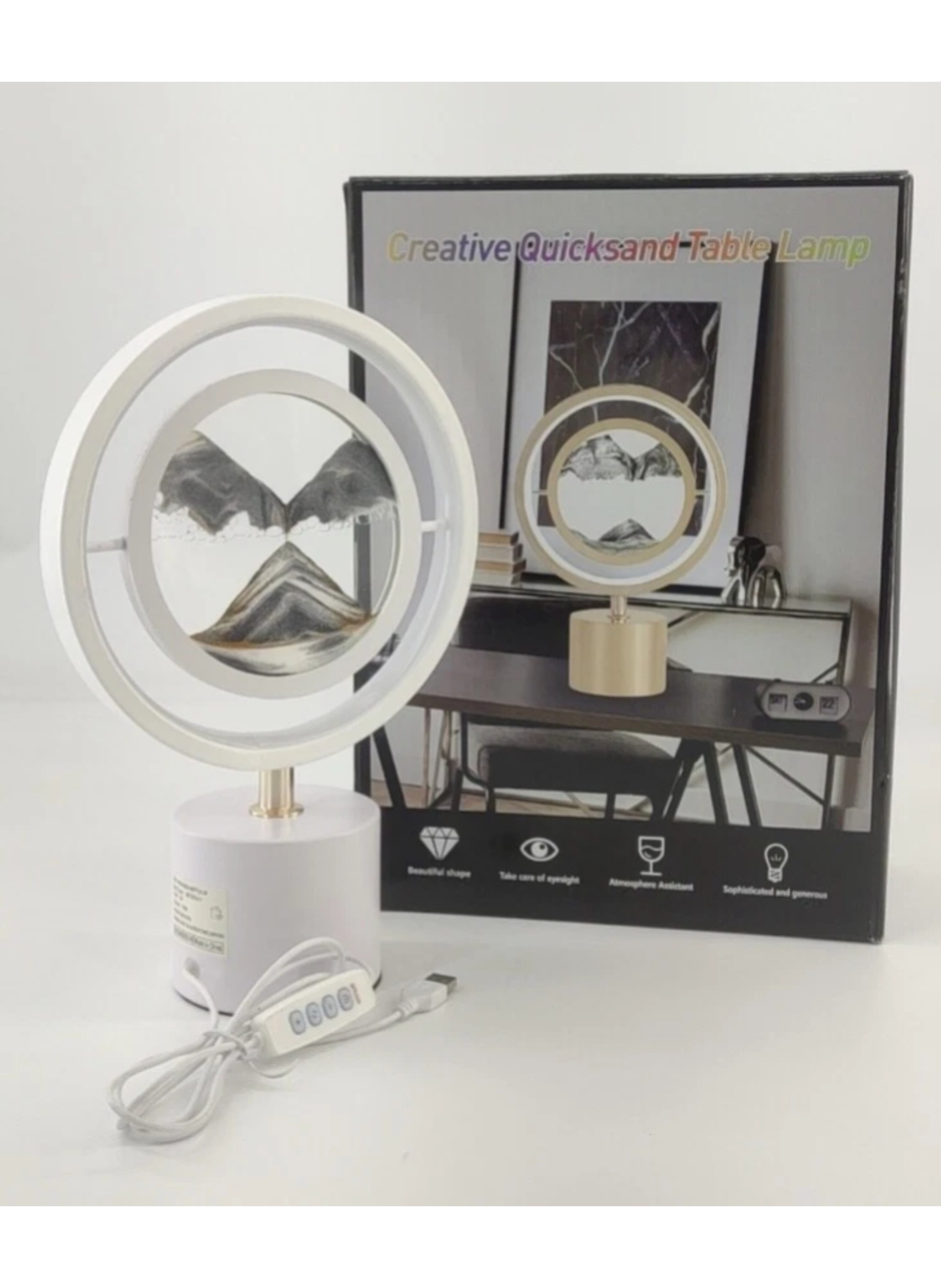 3D Moving Sand Art Lamp,3 Colors Lighting & 360° Rotating USB Motion Decoration ,Sandscape Table Lamp for Home Office مصباح فني ثلاثي الأبعاد للرمال المتحركة، إضاءة بثلاثة ألوان وديكور حركة USB دوار 360 درجة، مصباح طاولة رملي للمنزل والمكتب
