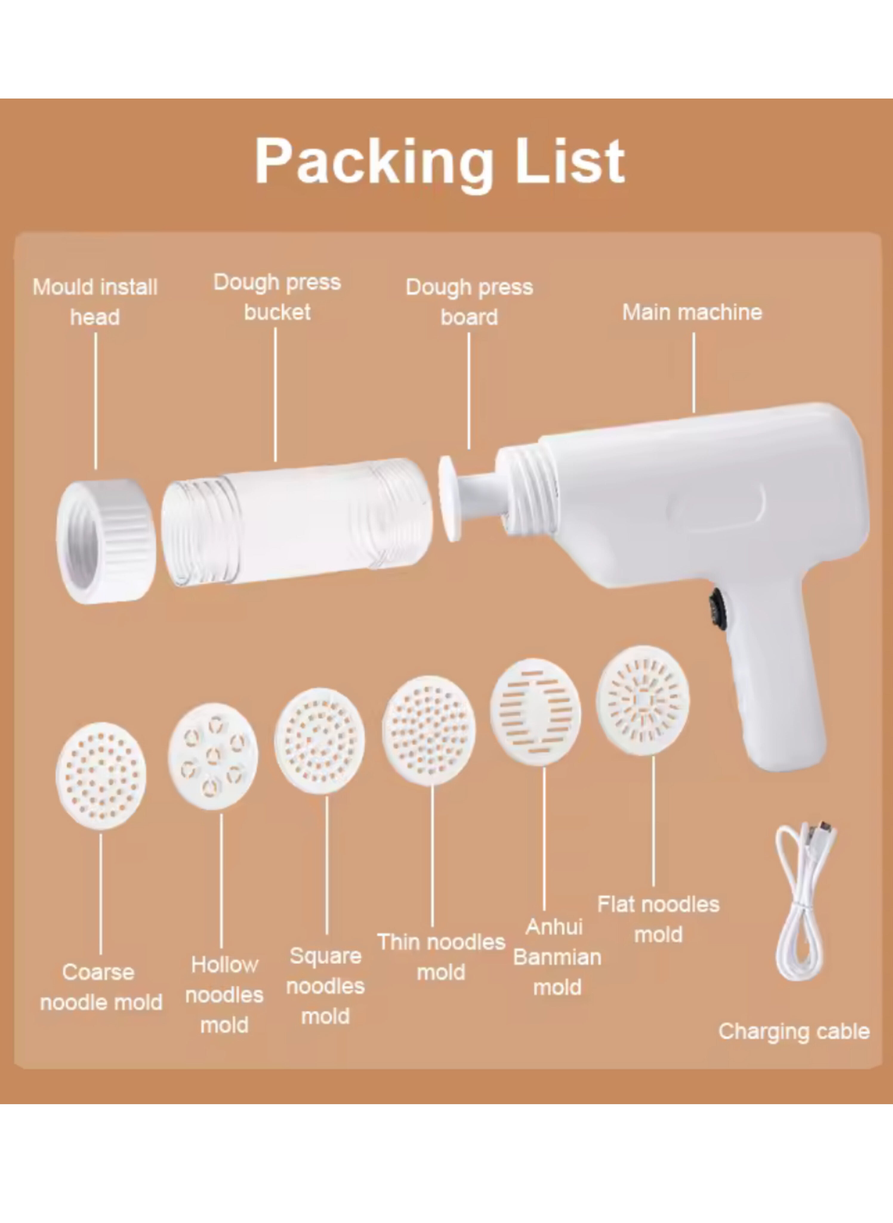 ماكينة صنع المكرونة والمعكرونة الكهربائية الأوتوماتيكية المحمولة 5 في 1، ببطارية قابلة للشحن ورؤوس تشكيل متعددة Portable 5-in-1 Automatic Electric Pasta Maker & Noodle Machine, Rechargeable Cordless Dough Presser with Multi-Shape Molds for Home Use.
