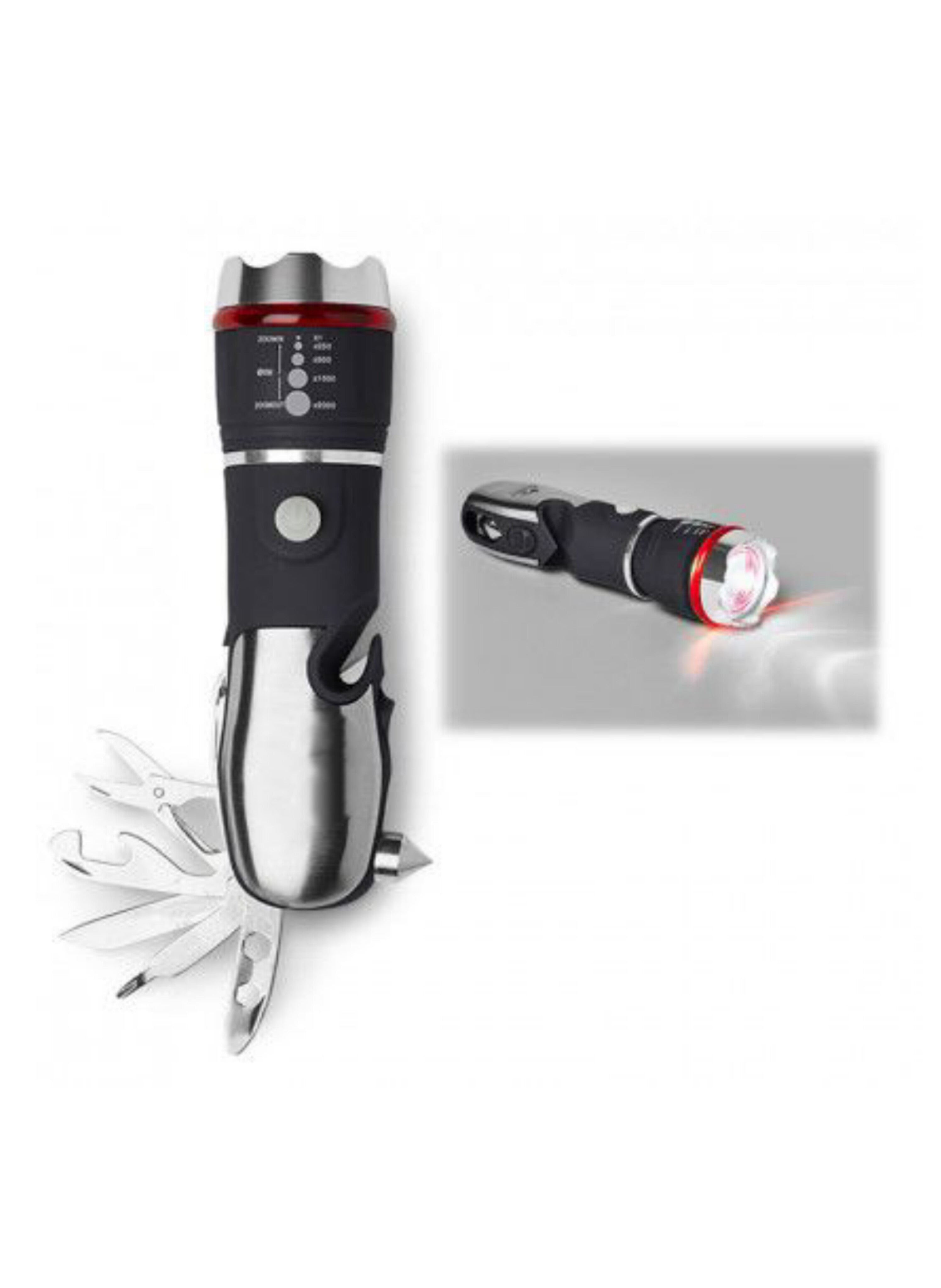 مصباح يدوي LED تكتيكي متعدد المهام للطوارئ - كشاف قوي 5 في 1 مع قاطع حزام أمان وكسارة زجاج وسكين تخييمMulti-Tool Tactical LED Flashlight for Emergencies - 5-in-1 Powerful Torch with Seat Belt Cutter, Glass Breaker, and Camping Knife