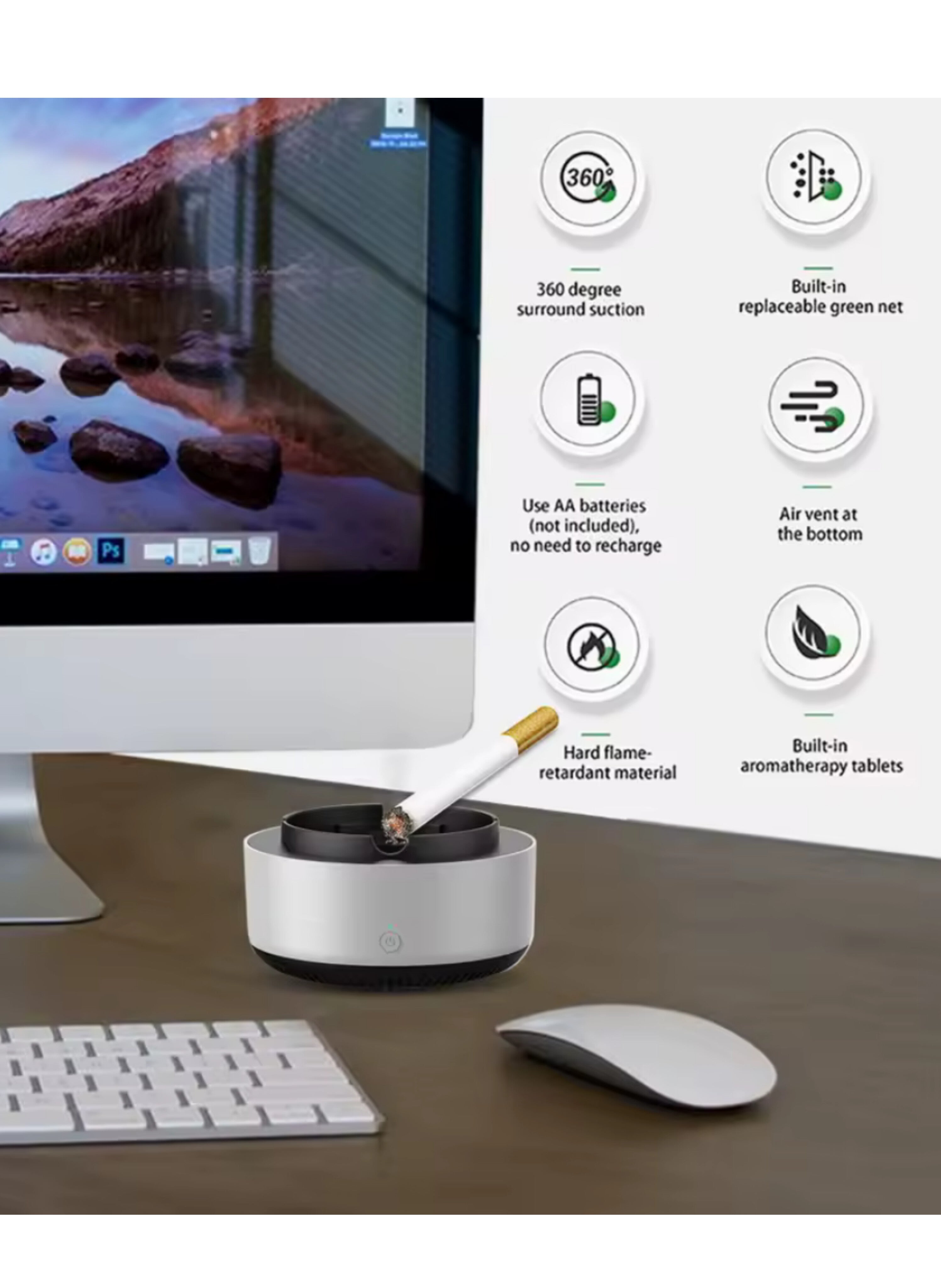 منفضة سجائر إلكترونية لتنقية الهواء بتكنولوجيا 360 درجة - جهاز مزيل للدخان والروائح يعمل بالبطارية مع ميزة التعطير Electronic Smokeless Ashtray with 360° Surround Suction - Battery-Operated Air Purifier and Deodorizer with Built-in Aromatherapy