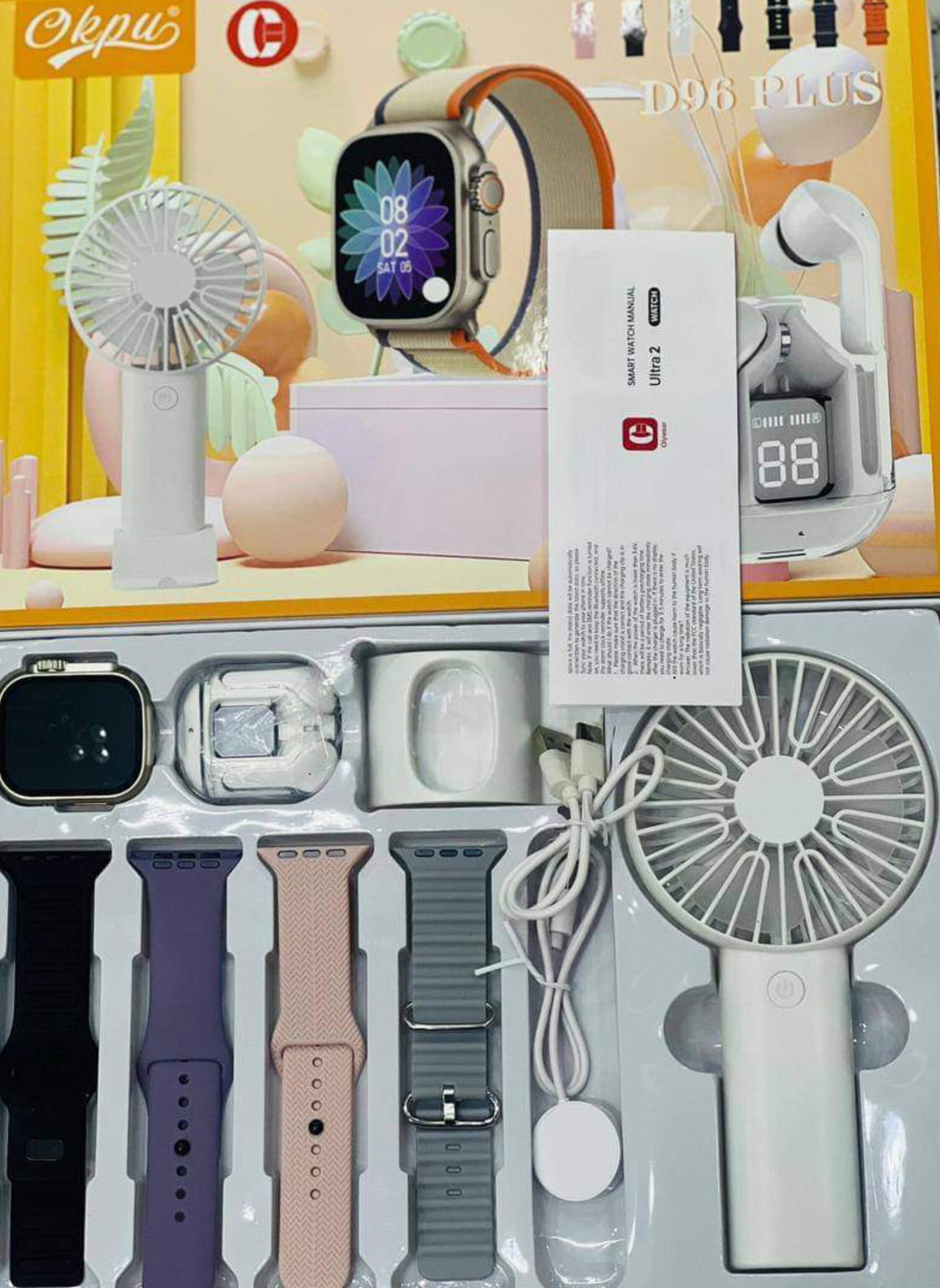 Smartwatch, Earbuds, and Portable Fan Bundle بكج ساعة ذكية مع سماعة ومروحة محمولة