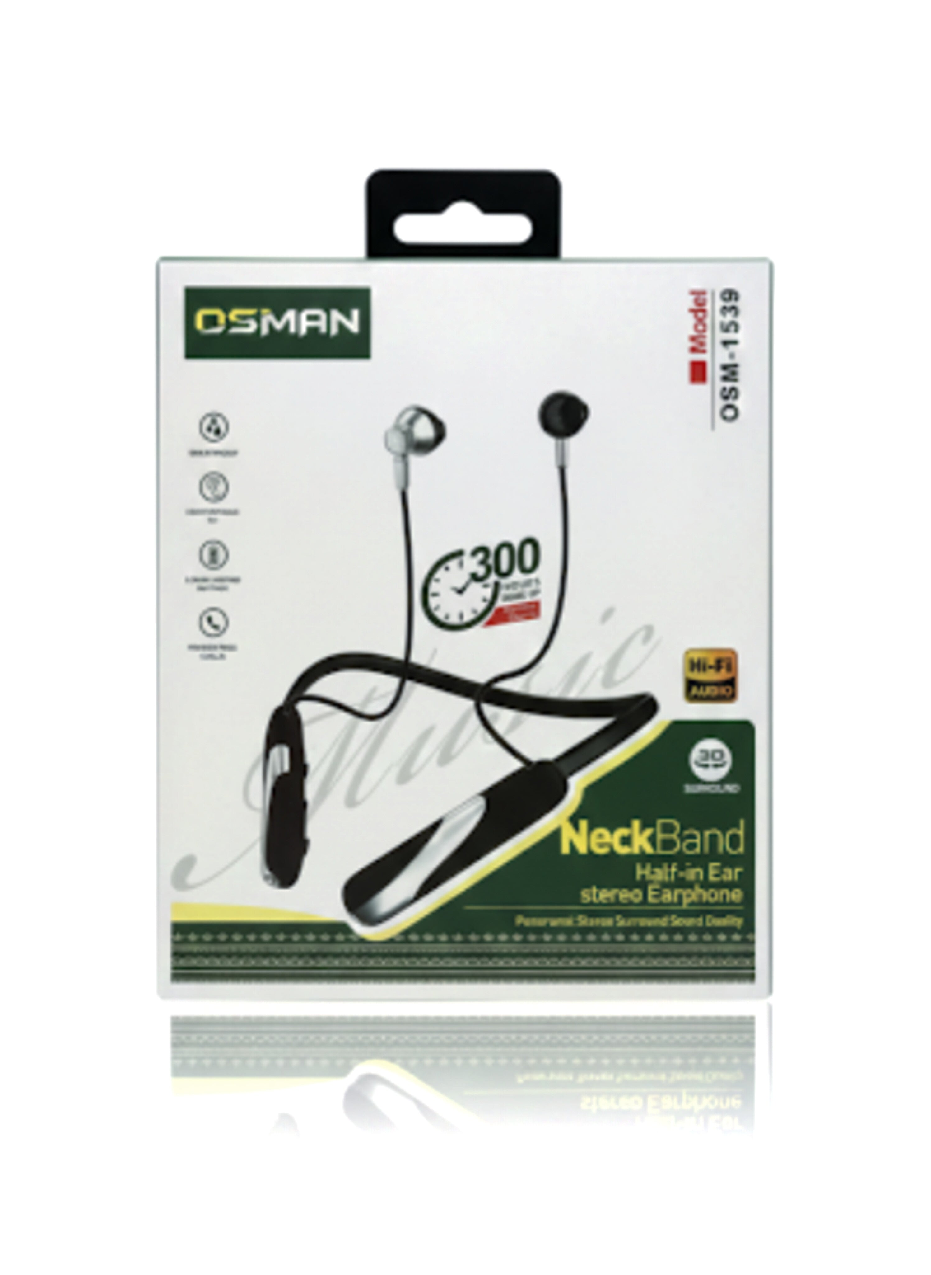 Wireless Neckband Half-in Ear Headphones - Hi-Fi Stereo Surround Sound Technology with Up to 300 Minutes Music Playtime and Long-Lasting Battery.سماعات أذن لاسلكية حول الرقبة - تقنية هاي فاي (Hi-Fi)مع وقت تشغيل للموسيقى يصل إلى 300 دقيقة.