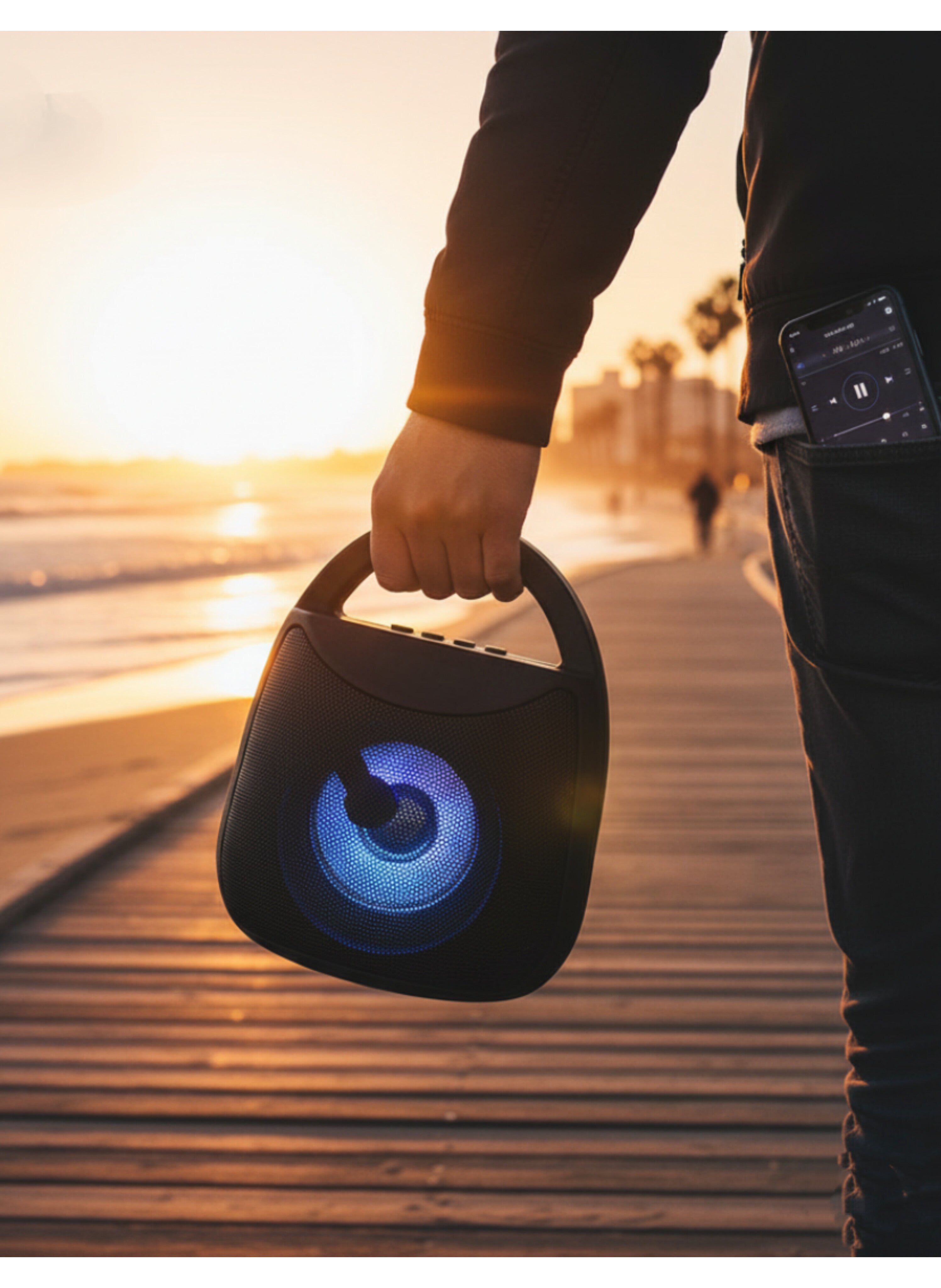 مكبر صوت بلوتوث محمول أسود مع إضاءة LED ملونة - سماعة لاسلكية بصوت قوي ومقبض حمل مريح Black Portable Bluetooth Speaker with Colored LED Light - Wireless Loud Speaker with Comfortable Carry Handle