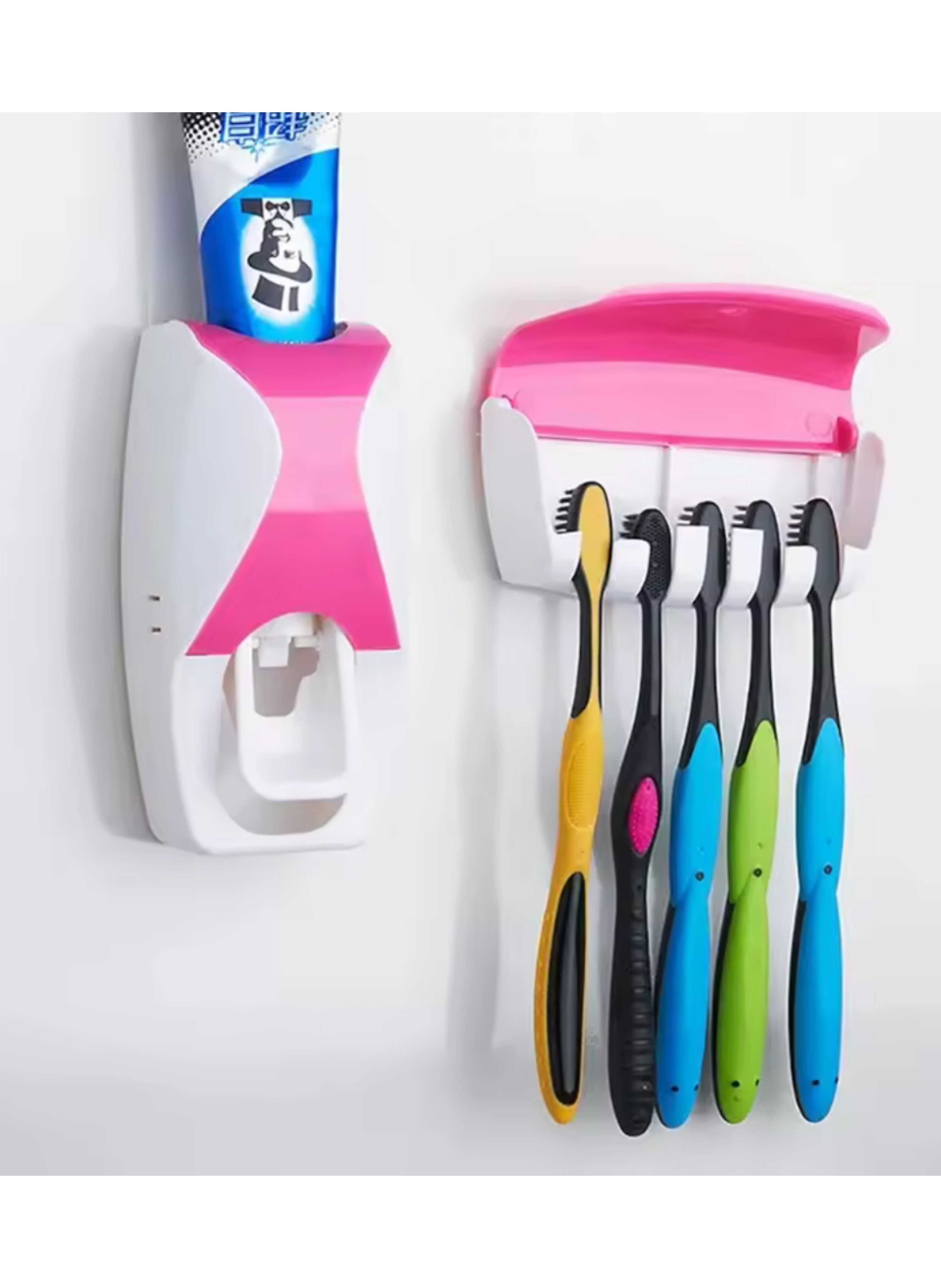 مجموعة موزع معجون أسنان أوتوماتيكي وحامل فرش أسنان جداري - منظم حمام وردي وأبيض يركب بدون ثقب ويتسع لخمسة فراشٍ Automatic Toothpaste Dispenser and Wall-Mounted Toothbrush Holder Set - Pink and White No-Drill Bathroom Organizer for Five Brushes