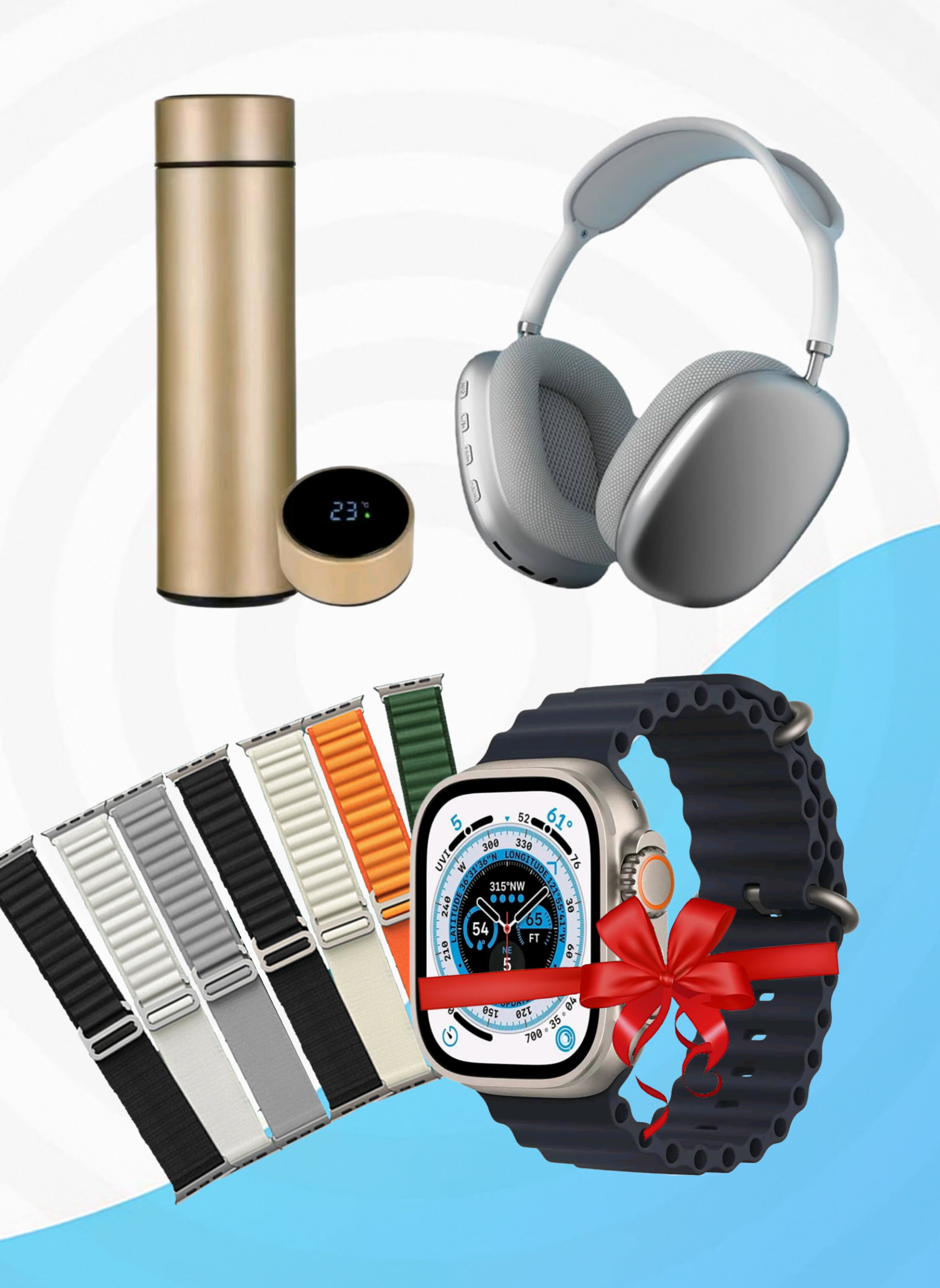 ساعة الترا 7 في 1 + سماعة P9 + حافظة ماء ذكية بشاشة LED Ultra Watch 7-in-1 + P9 Headphones + Smart LED Water Bottle
