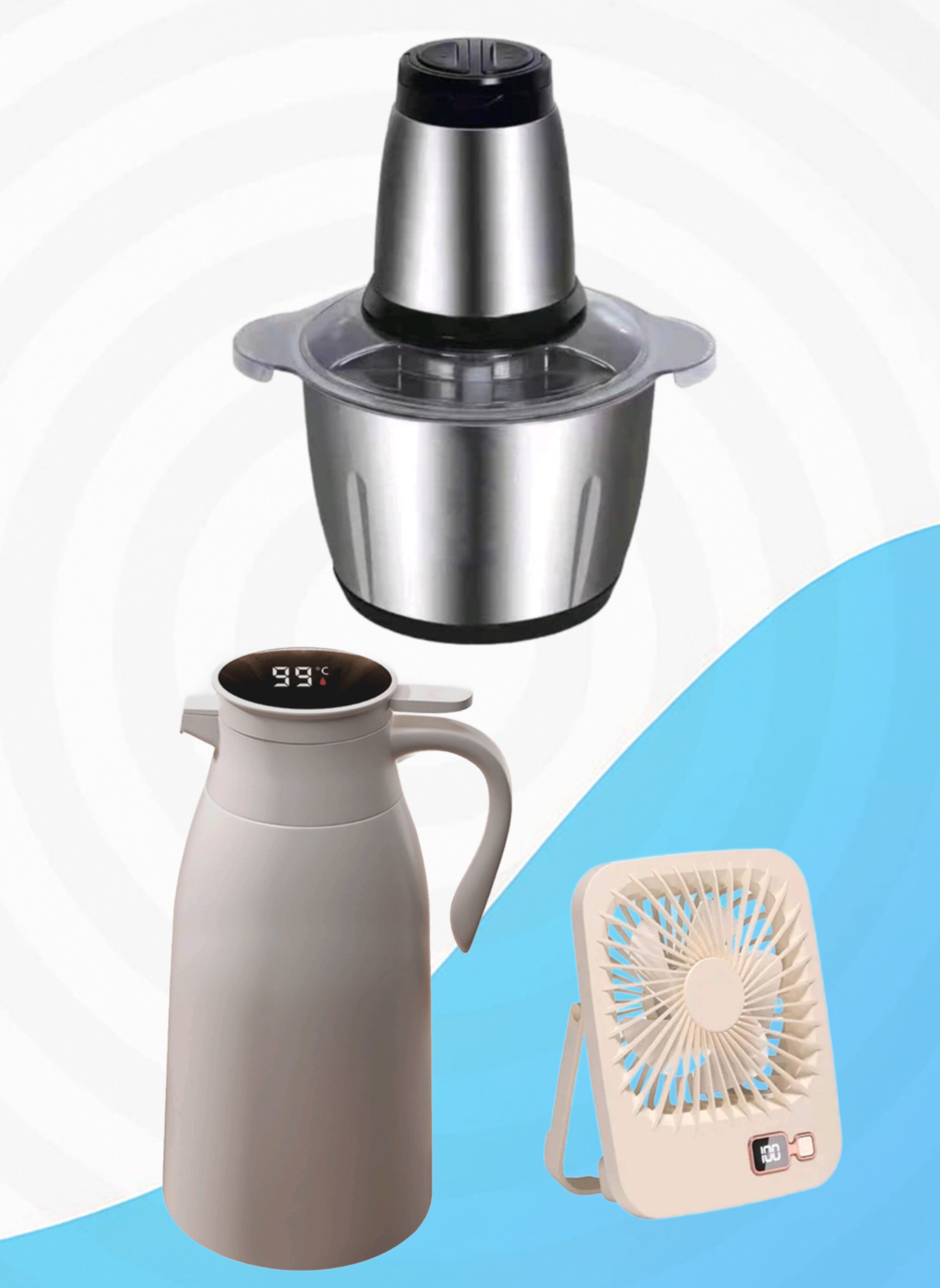 Package: Smart Thermos 2L with Temperature Display, Professional  Meat Grinder 5L Stainless Steel, and Mini Fan.بكج ترمس ذكي 2 لتر بشاشة عرض الحرارة، ومفرمة لحم كهربائية من الستانلس ستيل بسعة 5 لتر، ومروحة يد صغيرة .