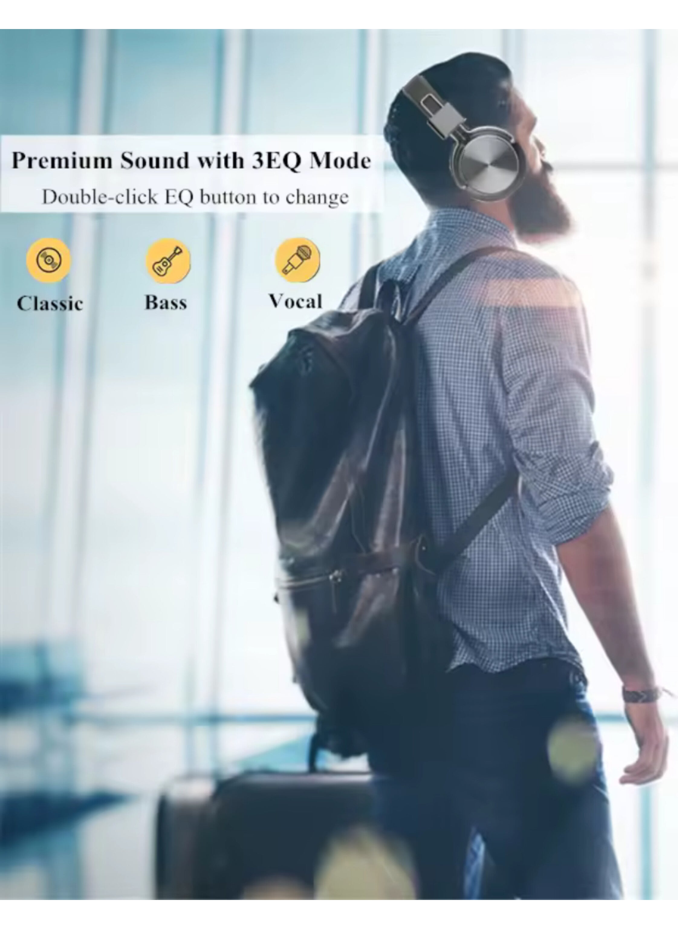 Wireless Bluetooth Headphones, Stereo Sound, Large Earbuds, Sports Earphones with Built-in Microphone (Black)سماعات رأس لاسلكية بتقنية البلوتوث، صوت ستيريو،  سماعة رأس كبيرة، سماعة أذن رياضية ميكروفون مدمج (أسود)