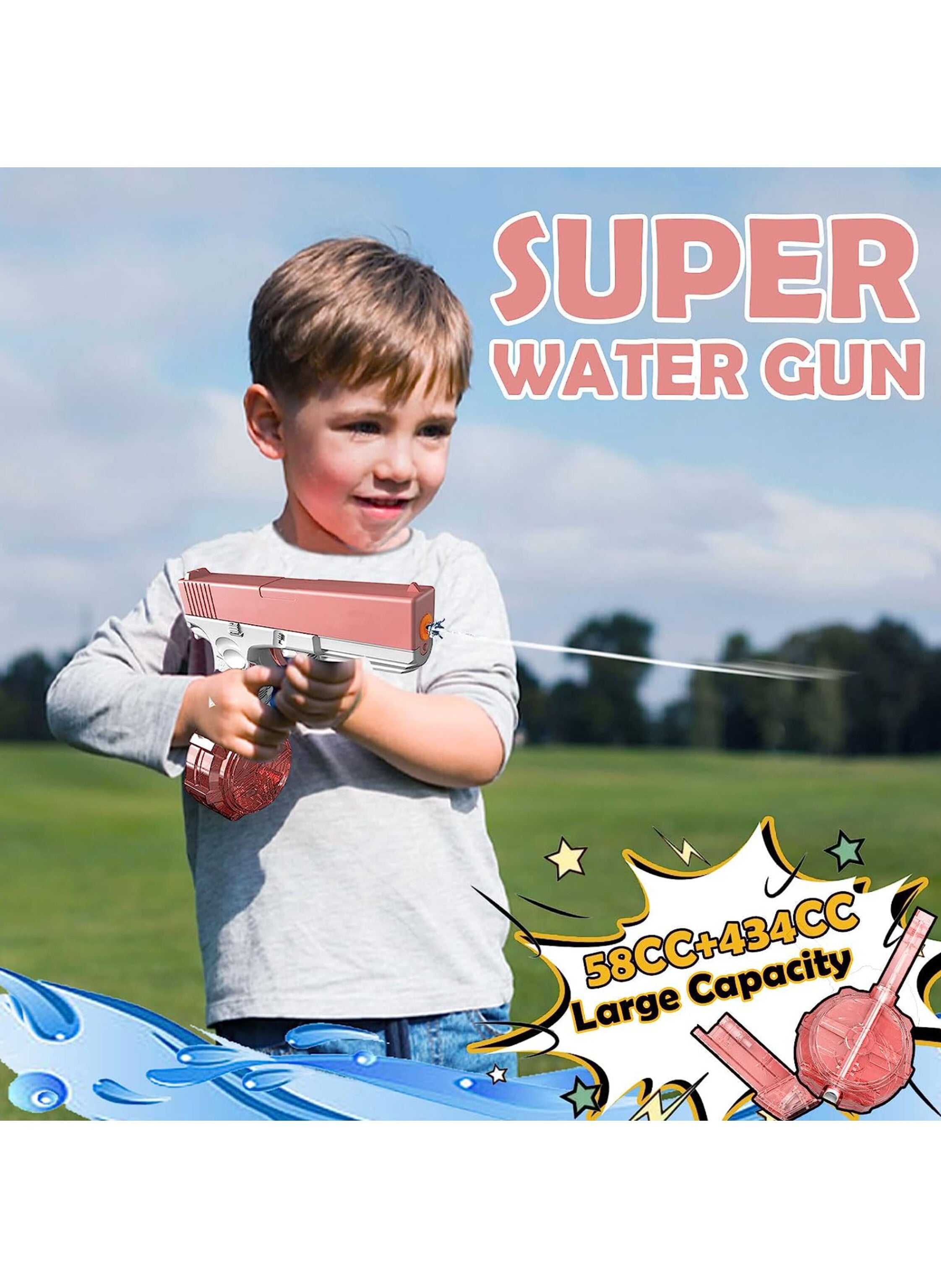 Electric Water Gun with High Capacity for Adults & Kids, Up to 35 FT Range, One-Button Automatic  pink colorمسدس مياه كهربائي عالي السعة للأطفال والكبار مع مدى إطلاق يصل إلى 35 قدم، يدوي التشغيل بلمسة واحدة، لون وردي