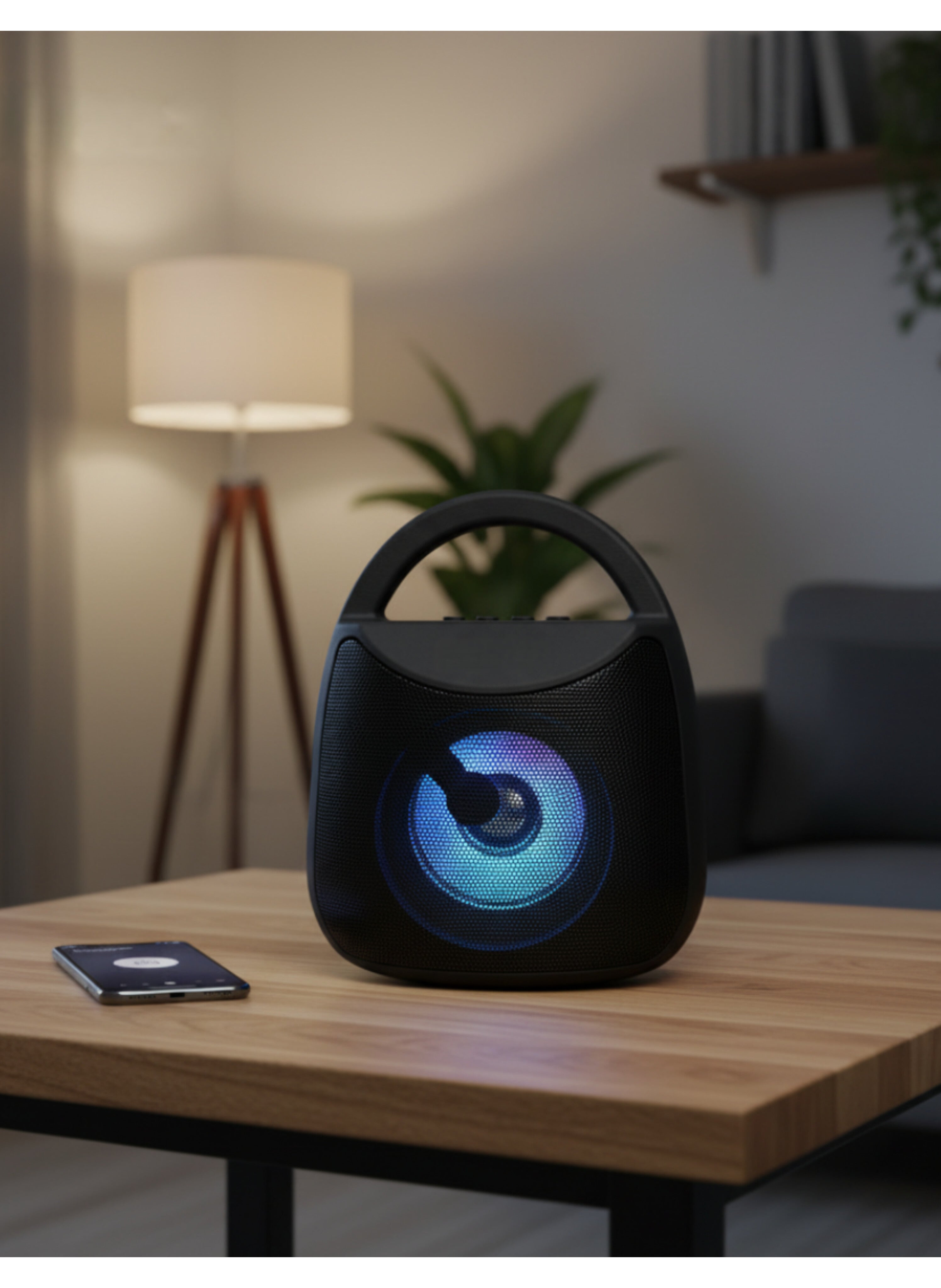 مكبر صوت بلوتوث محمول أسود مع إضاءة LED ملونة - سماعة لاسلكية بصوت قوي ومقبض حمل مريح Black Portable Bluetooth Speaker with Colored LED Light - Wireless Loud Speaker with Comfortable Carry Handle