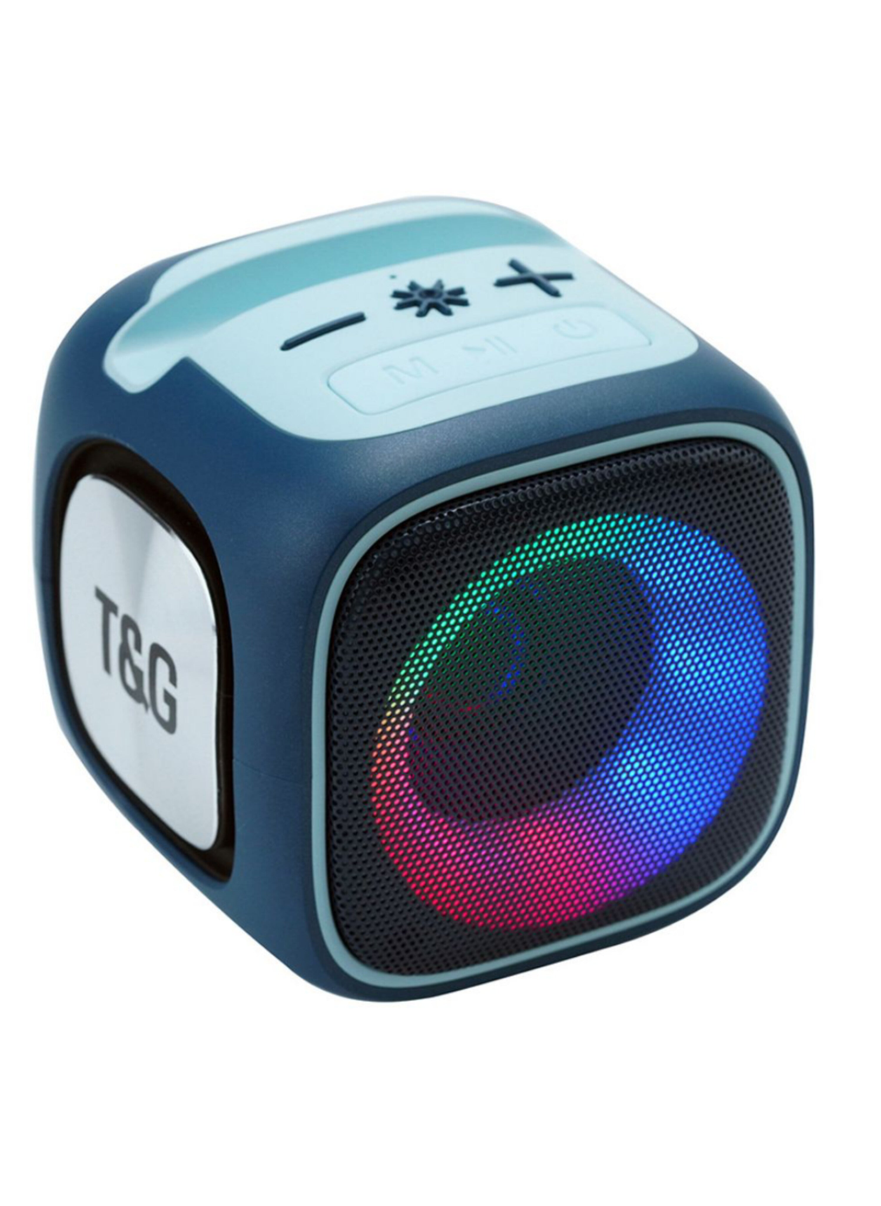 مكبر صوت لاسلكي محمول بتصميم مكعب، مع إضاءة LED ملونة، وصوت جهير فائق الجودة، وخيارات تشغيل متعددة Portable Wireless Speaker Cube Design, with Dynamic LED Lighting, Superior Low-Frequency Audio, and Multiple Playback Options