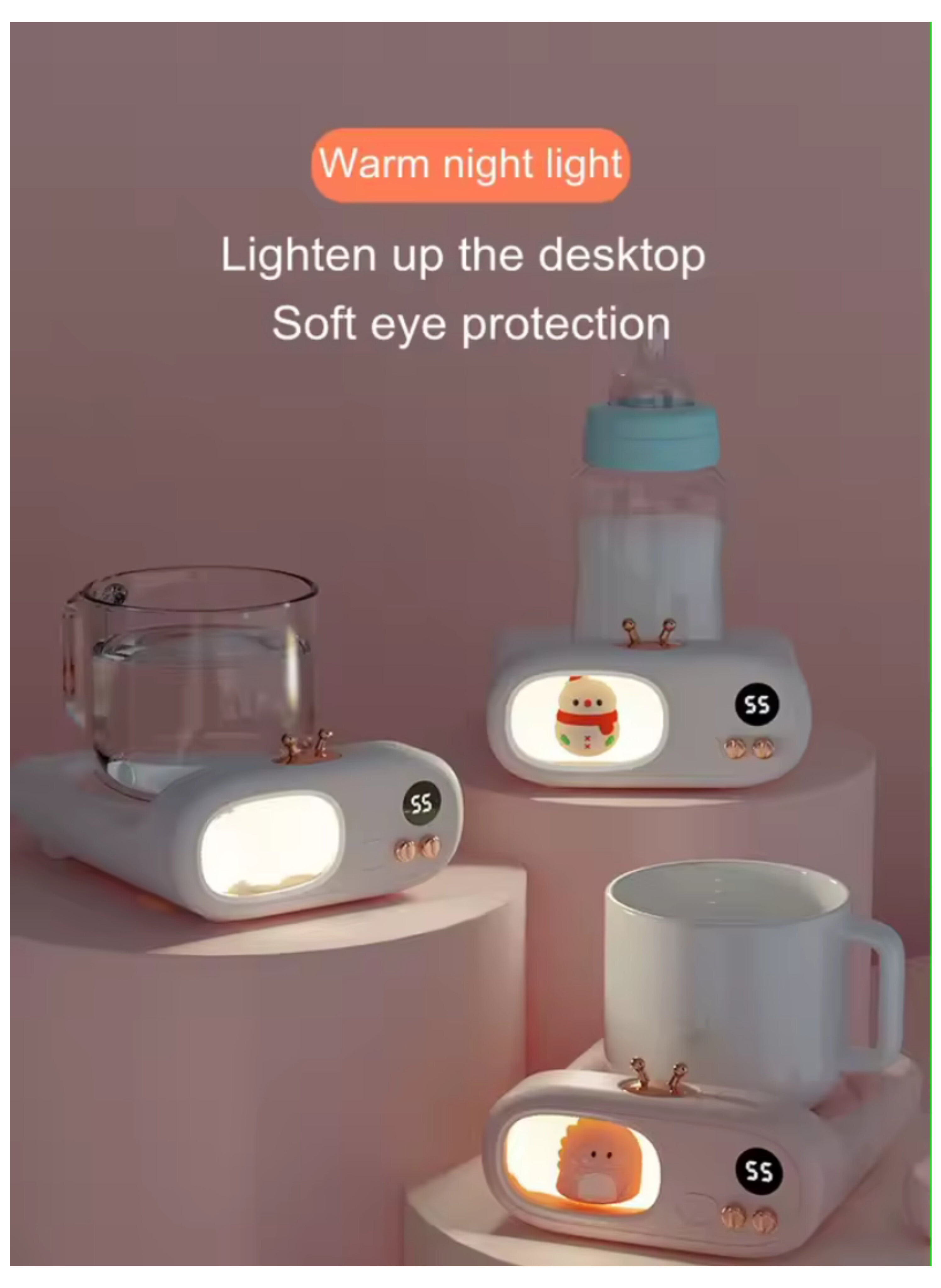 Smart Electric Cute Desktop Mug Warmer, Beverage Heater for Home and Office.مدفأة أكواب مكتبية كهربائية ذكية بتصميم لطيف، مع شاشة رقمية لعرض درجة الحرارة °C ومؤقت، وسخان تسخين القهوة والشاي والحليب الأوتوماتيكي للمنزل والمكتب.