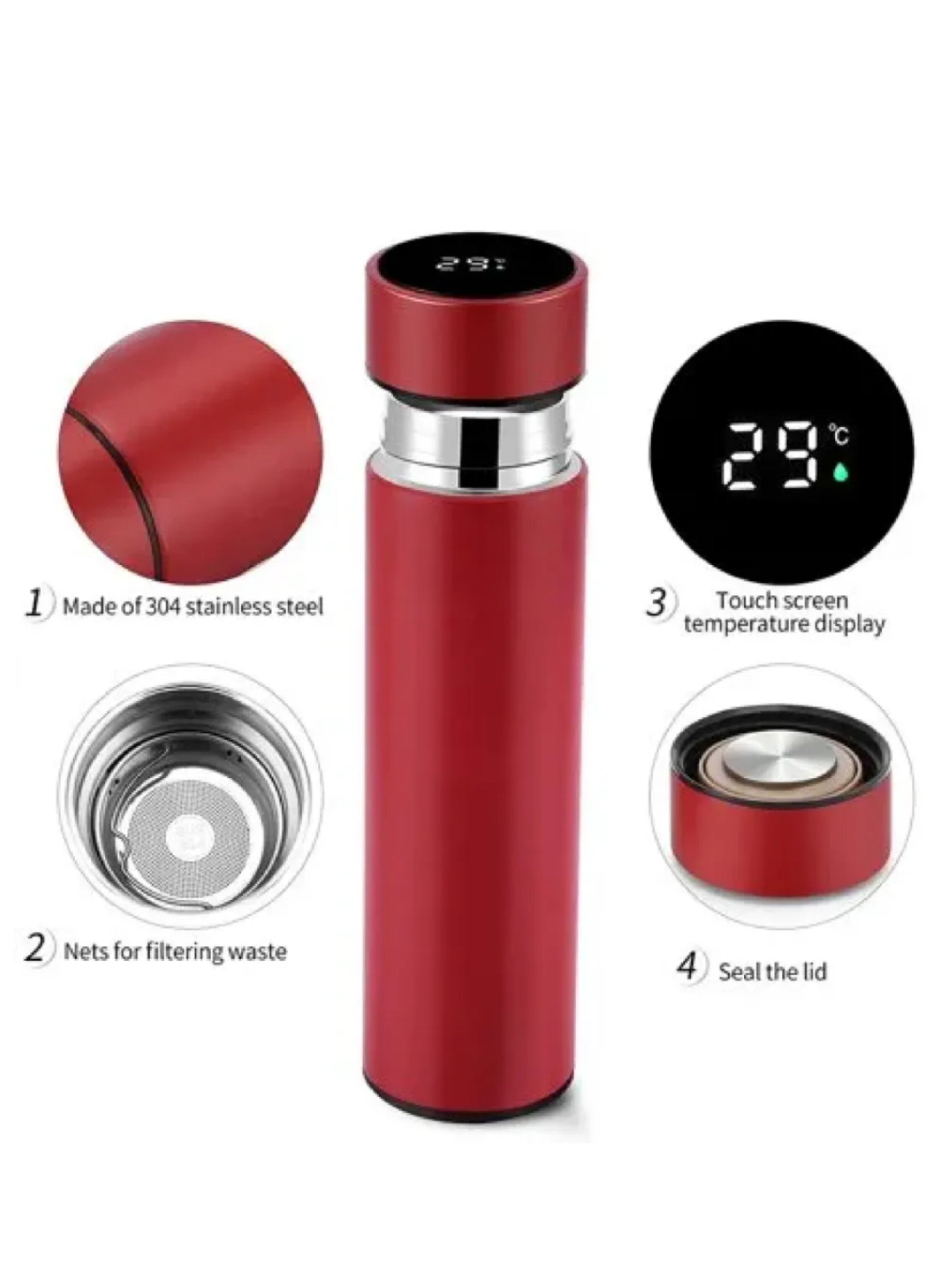 500ml Smart Water Bottle with LED Display Stainless Steel Thermostat for Hot and Cold Coffee and Tea for School, Home and Office red  color زجاجة مياه ذكية  500 مل بشاشة LED لعرض من الستانلس ستيل لمدة حراري للقهوة والشاي الساخن والبارد لون احمر