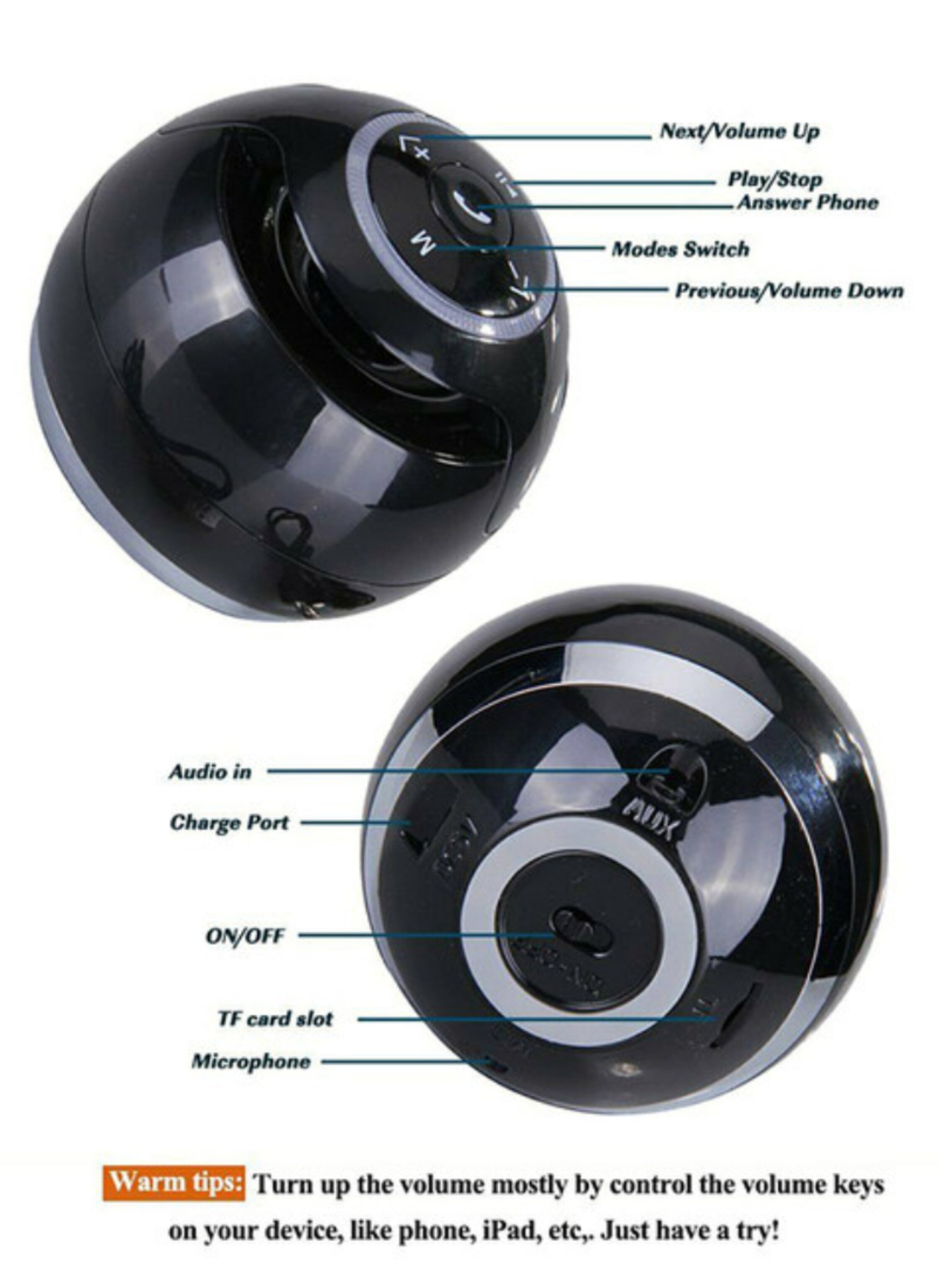Multifunctional Portable Bluetooth Ball Speaker, Black