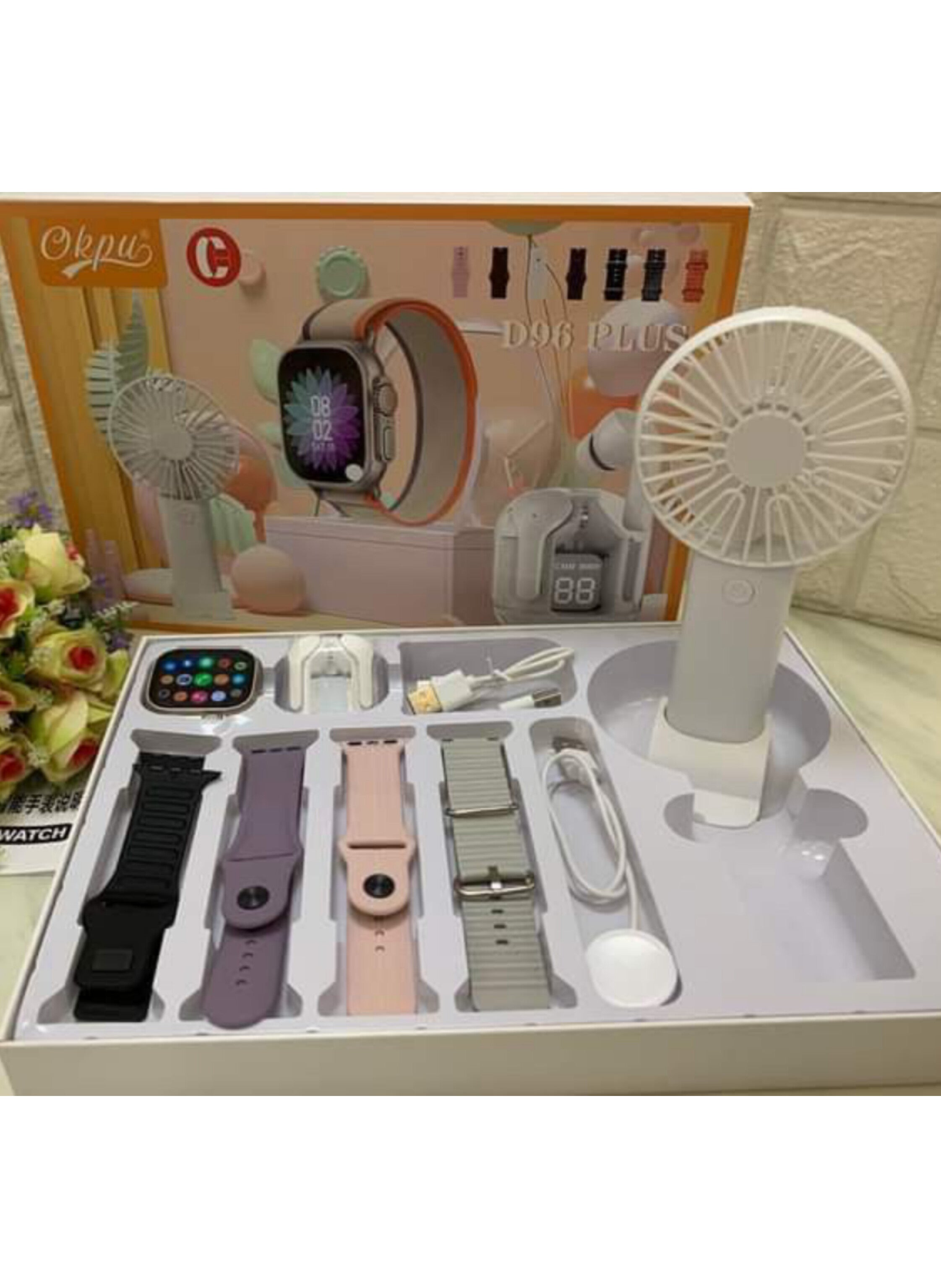 Smartwatch, Earbuds, and Portable Fan Bundle بكج ساعة ذكية مع سماعة ومروحة محمولة