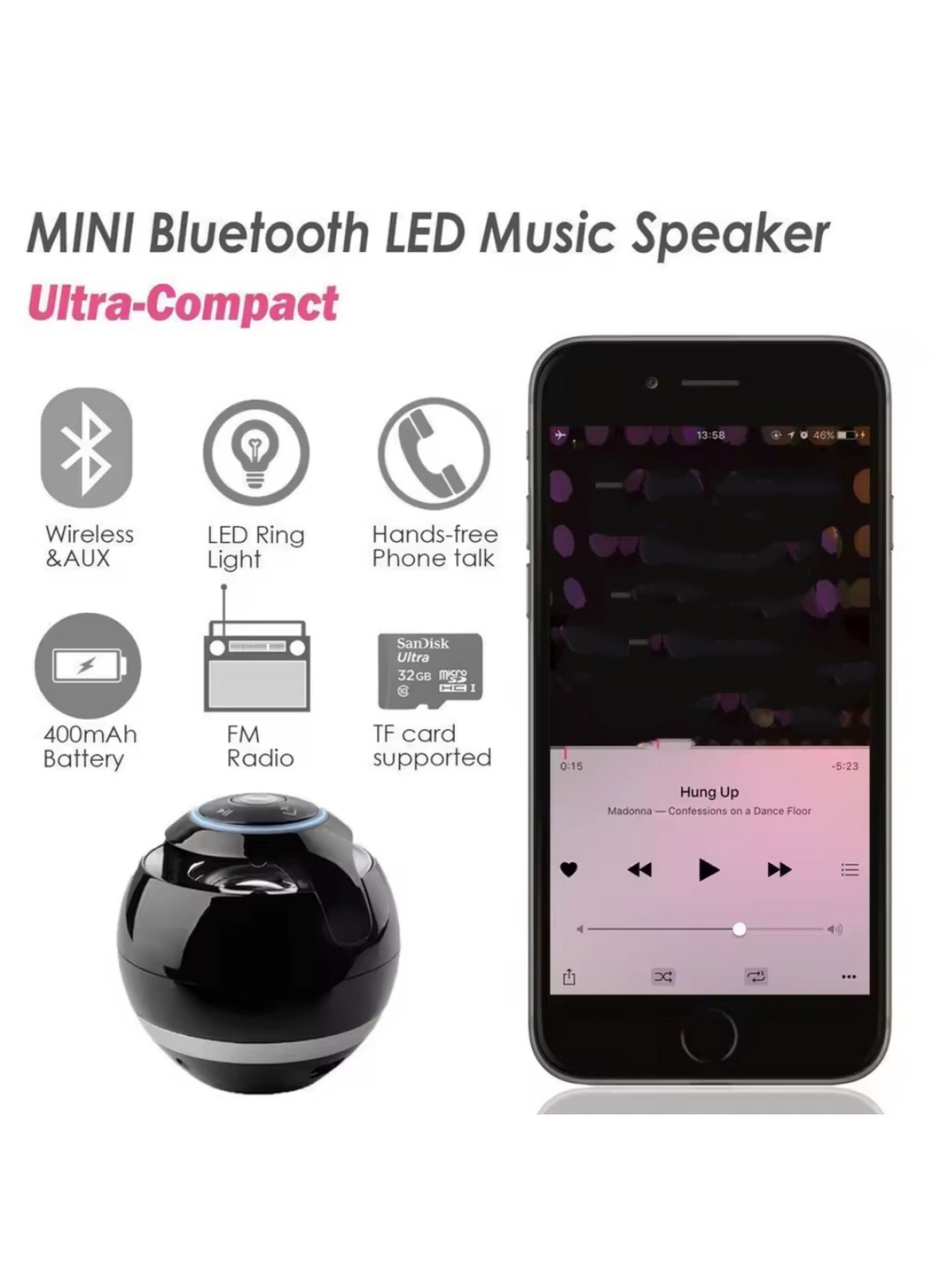 Multifunctional Portable Bluetooth Ball Speaker, Black