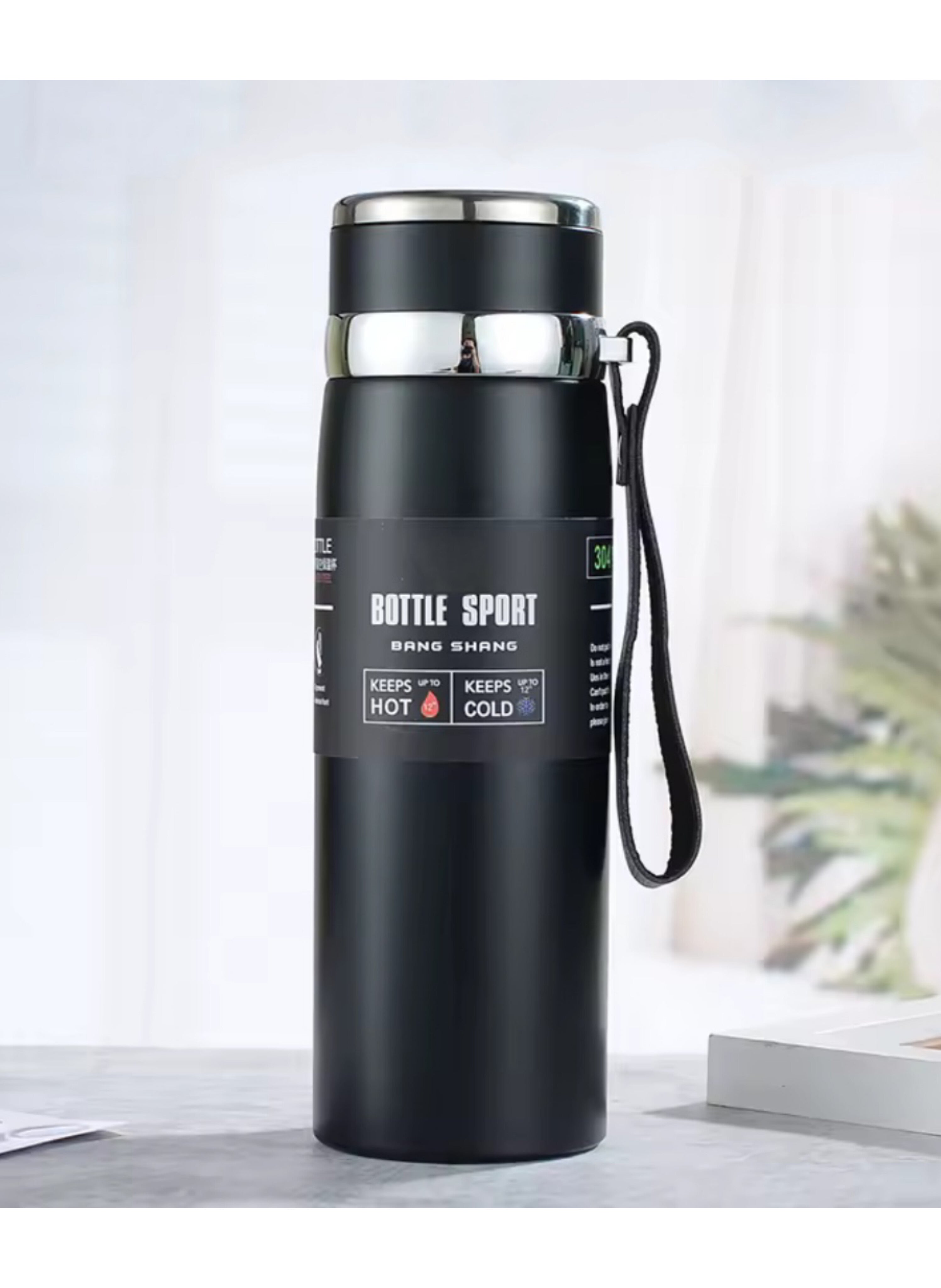 قارورة عازلة (ترمس) من الفولاذ المقاوم للصدأ سعة 1000 مل - اللون الأسود 1000 ml Stainless Steel Insulated Flask (Thermos) - Black Color