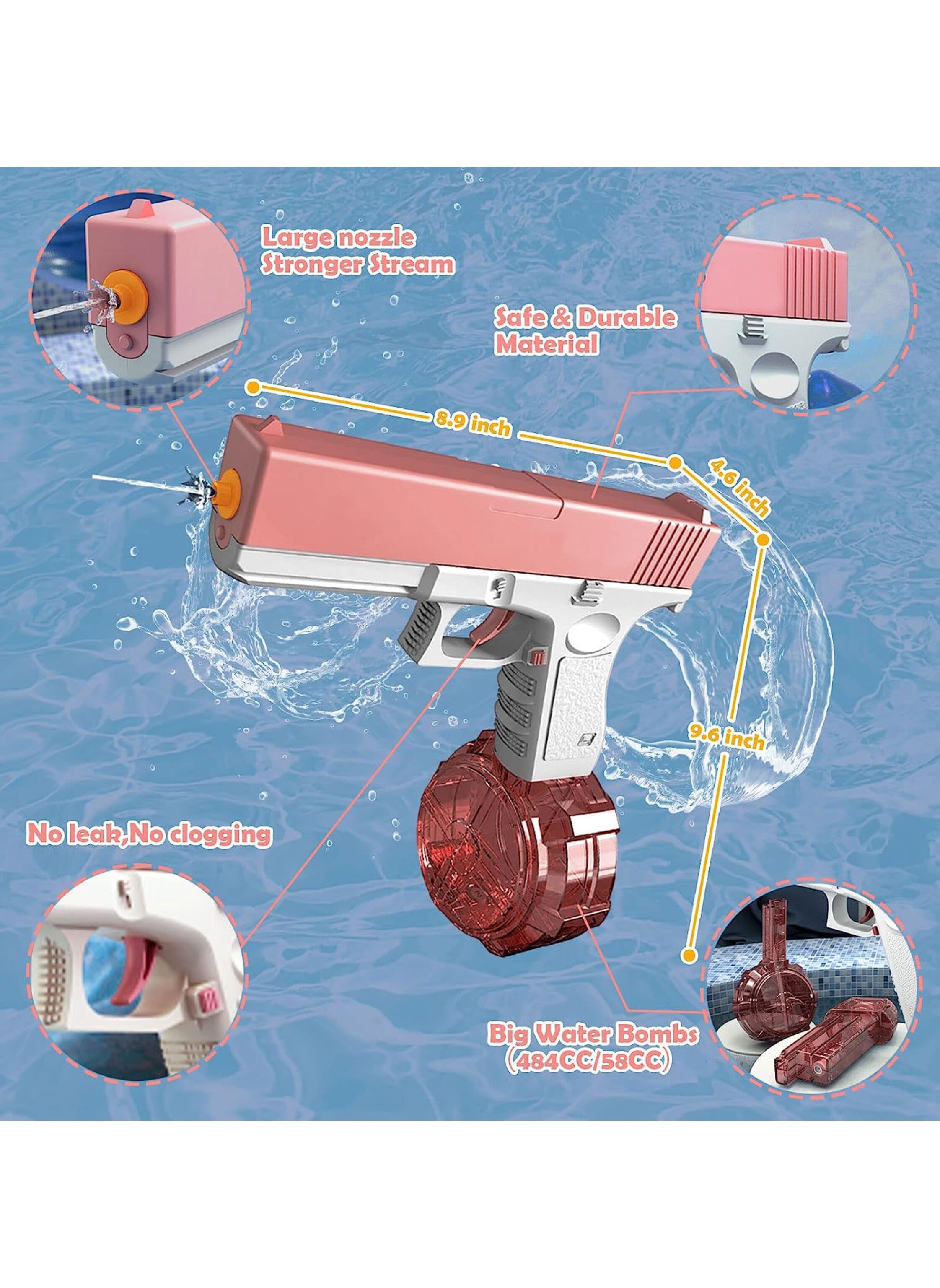Electric Water Gun with High Capacity for Adults & Kids, Up to 35 FT Range, One-Button Automatic  pink colorمسدس مياه كهربائي عالي السعة للأطفال والكبار مع مدى إطلاق يصل إلى 35 قدم، يدوي التشغيل بلمسة واحدة، لون وردي